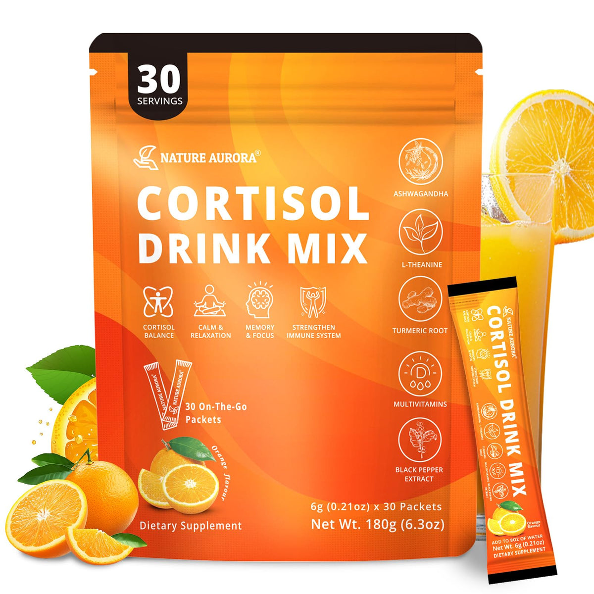 Nature Aurora Cortisol Drink Mix 30 sticks orange flavour front view