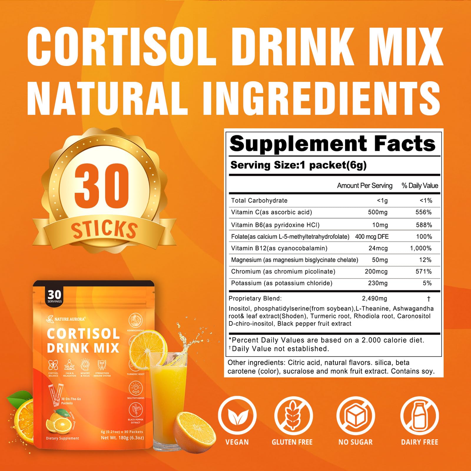Nature Aurora Cortisol Drink Mix packaging with nutritional information