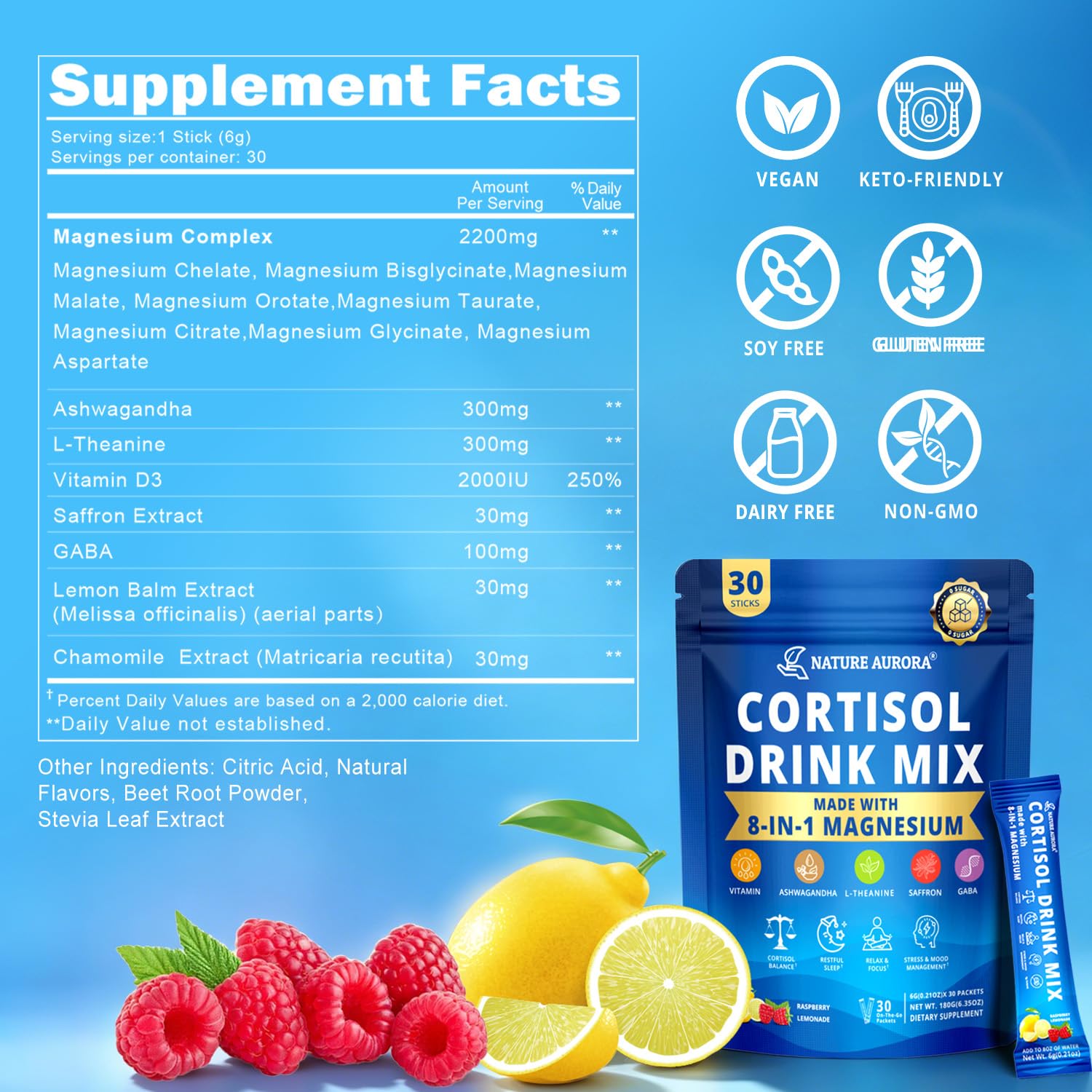 Nature Aurora Cortisol Drink Mix Raspberry Lemonade powder in a glass