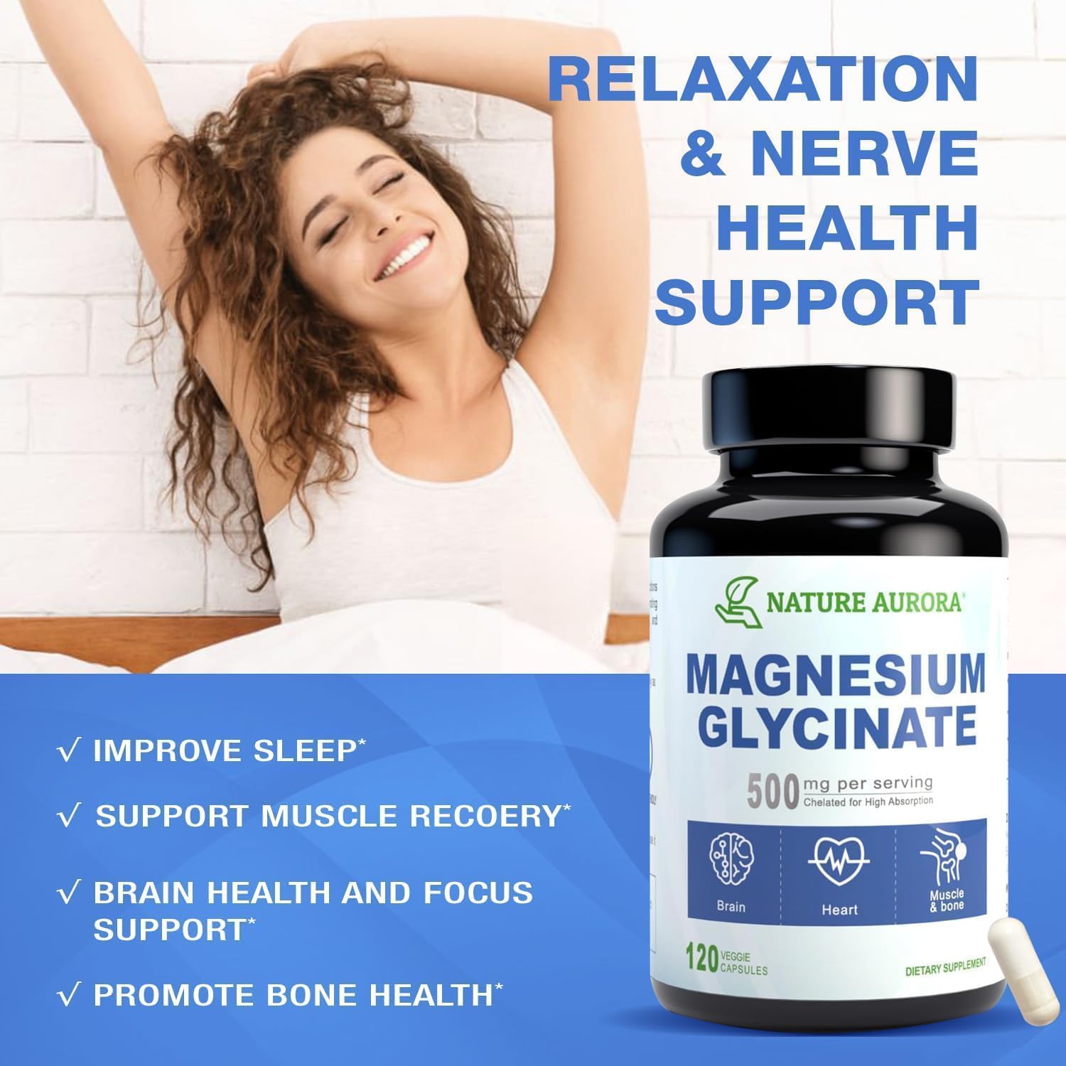 Nature Aurora Magnesium Glycinate 500mg capsules on a wooden surface