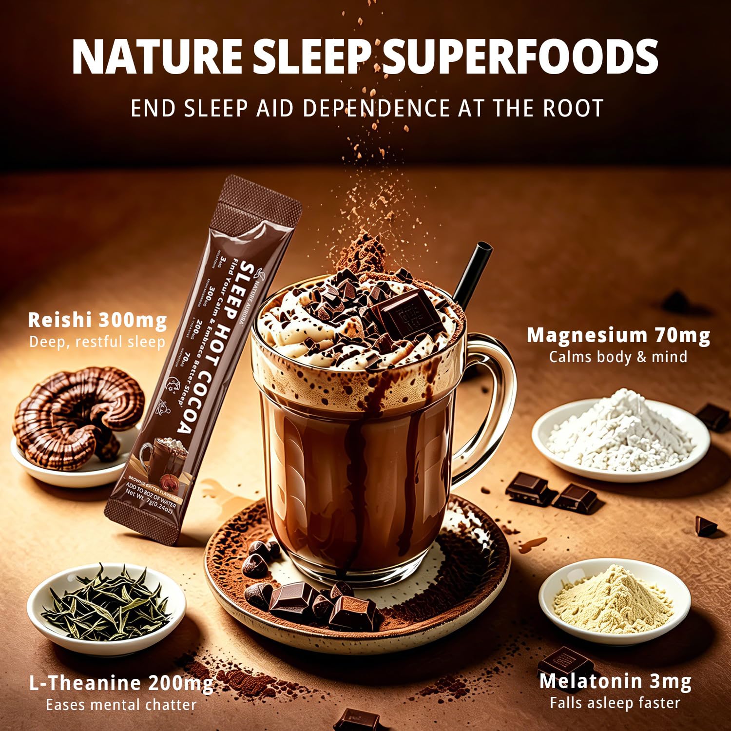 Nature Aurora Mushroom Hot Cocoa Powder with a spoon