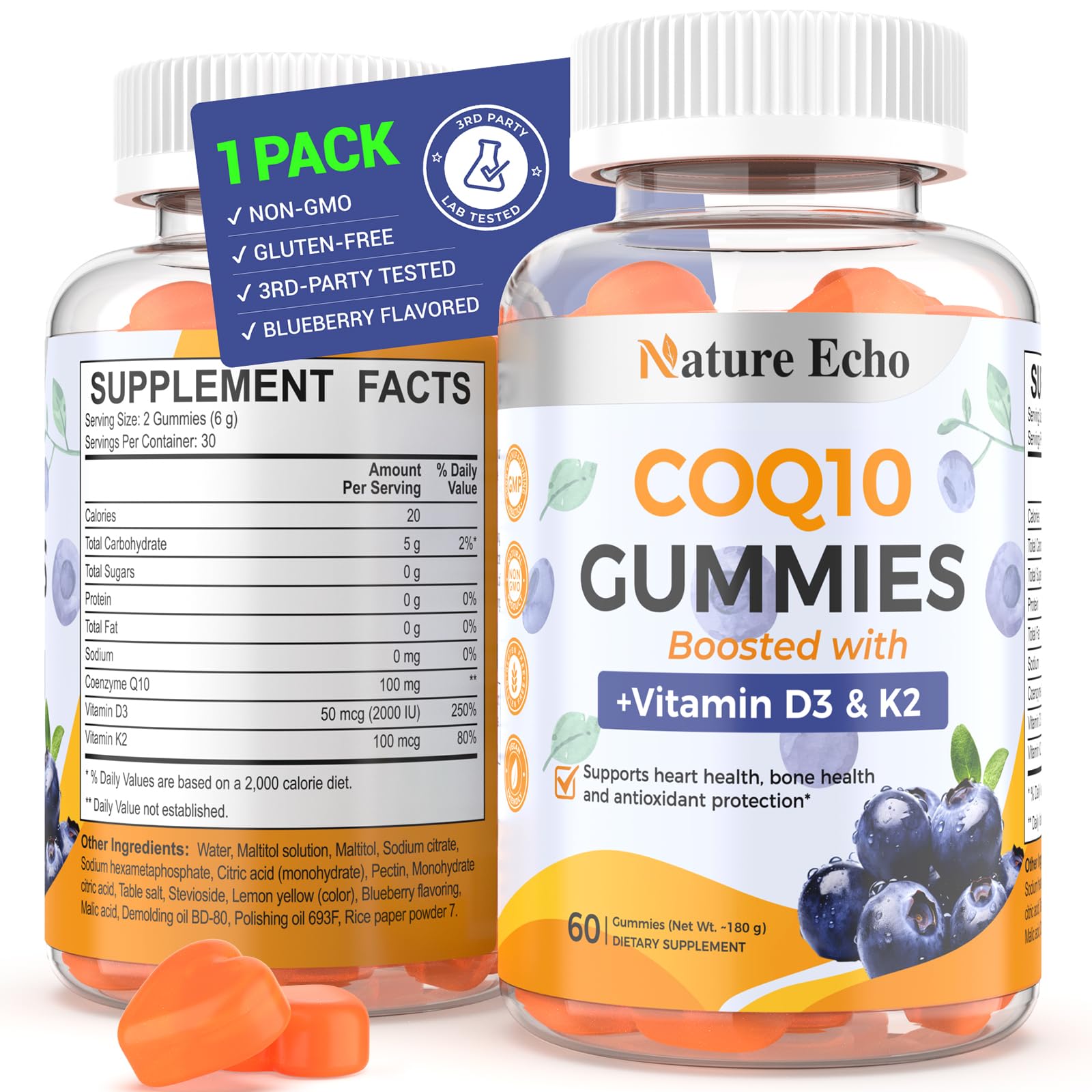 Nature Echo CoQ10 Gummies front view packaging with blueberry flavour
