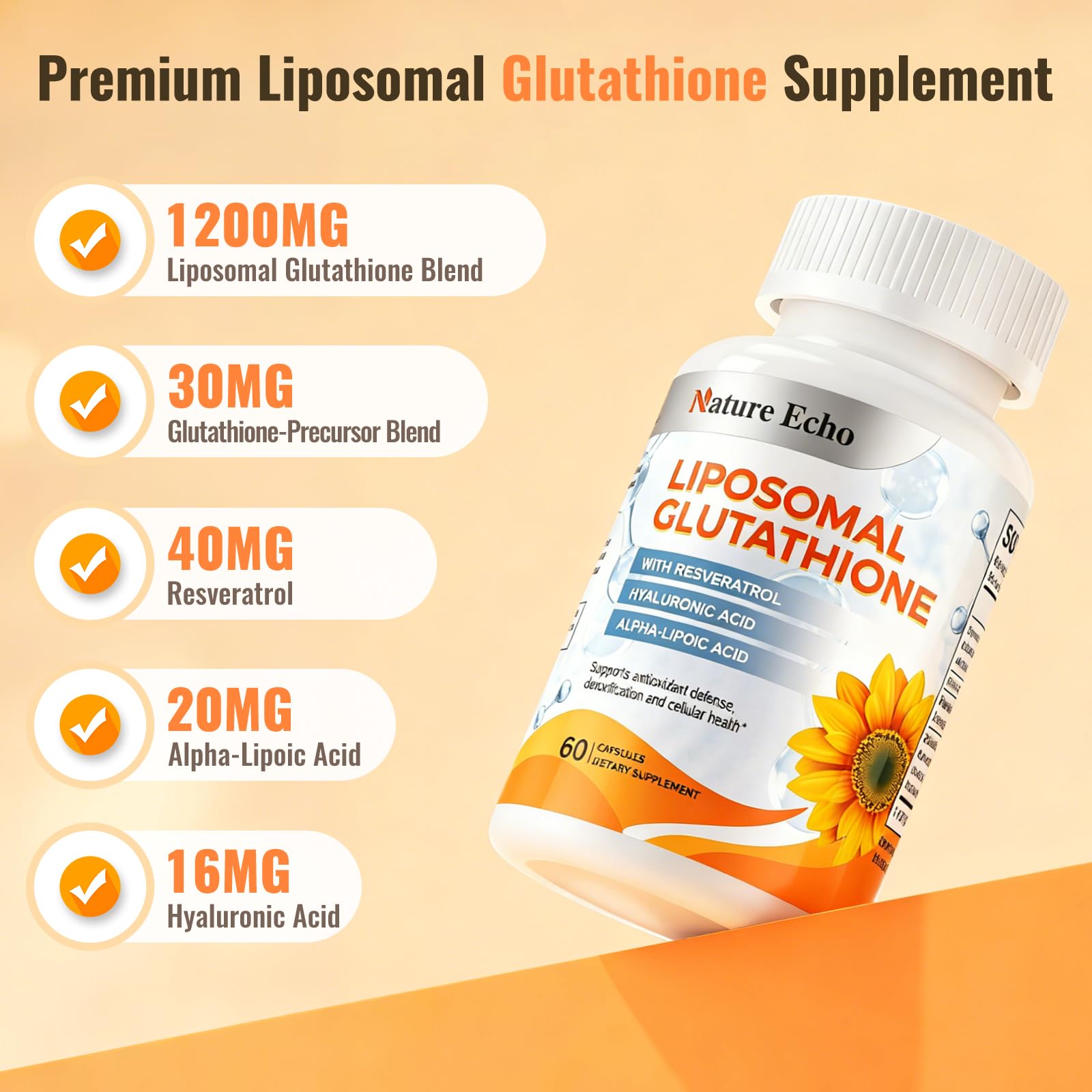 Nature Echo Liposomal Glutathione Supplement 1200MG side view
