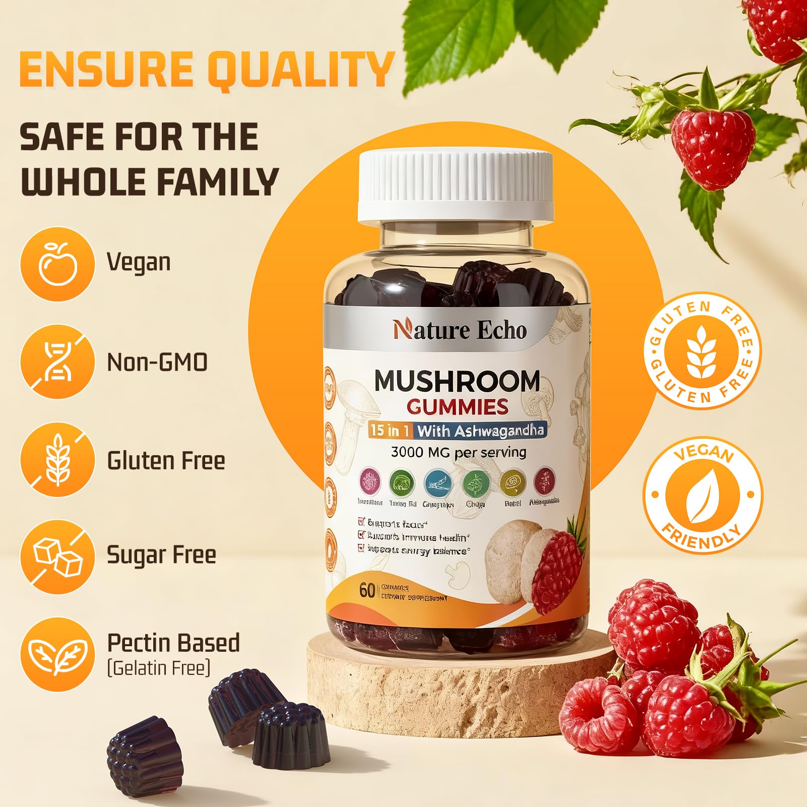 Nature Echo Mushroom Gummies with Ashwagandha on a wooden table