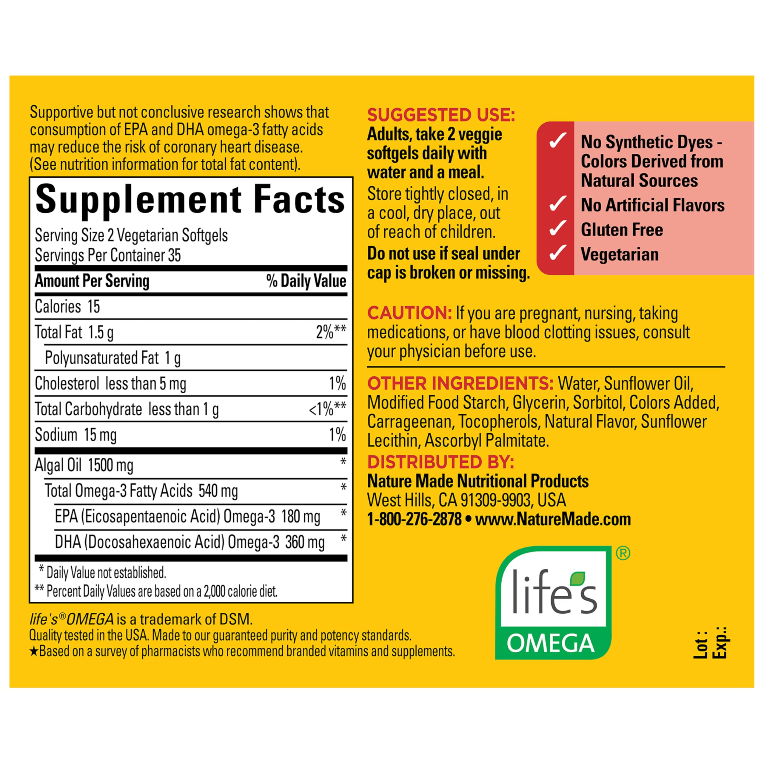 Nature Made Algae Omega 3 Softgels 540 mg softgels in a glass of water