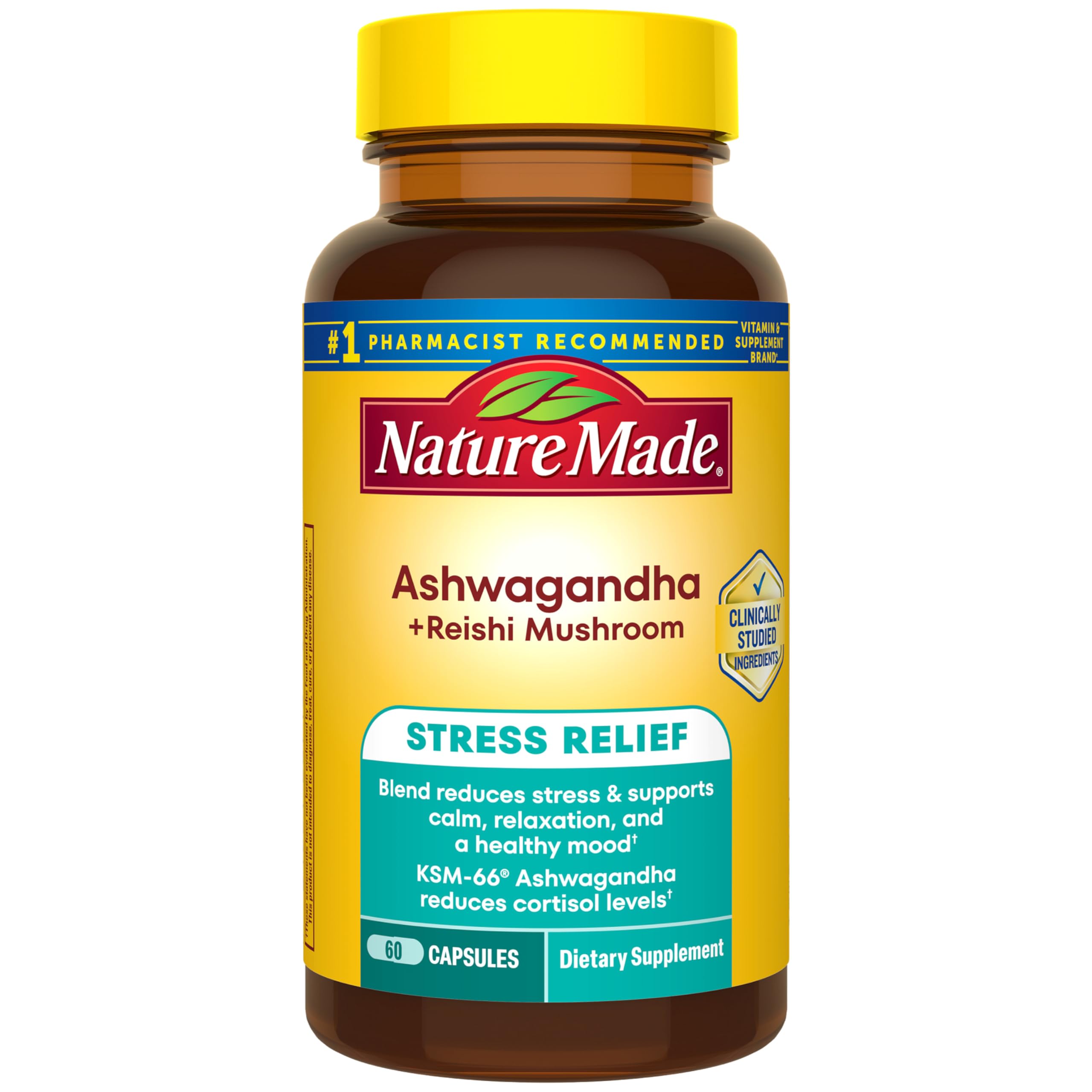 Nature Made Ashwagandha + Reishi Mushroom Capsules front view