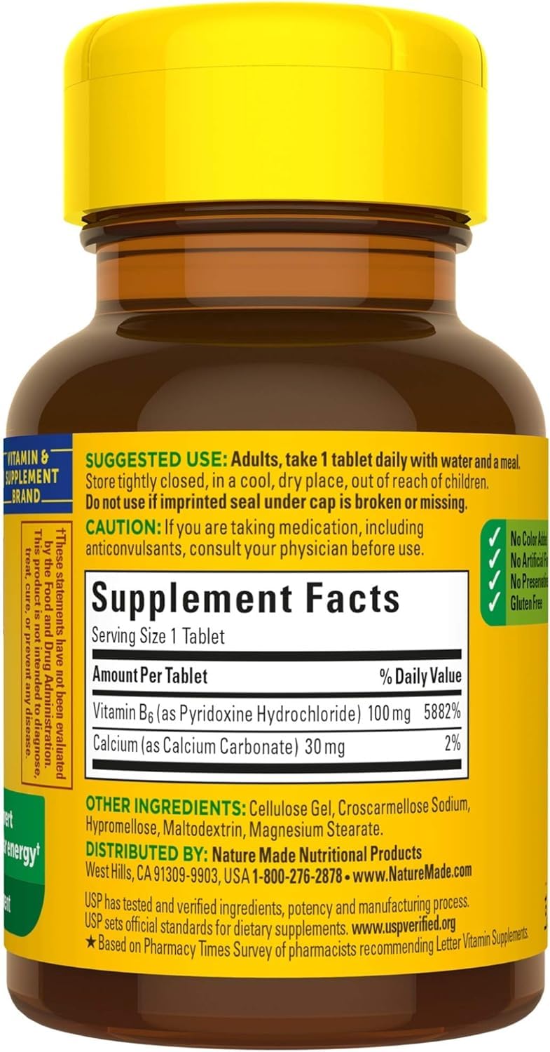 Nature Made B6 100mg supplement bottle back view