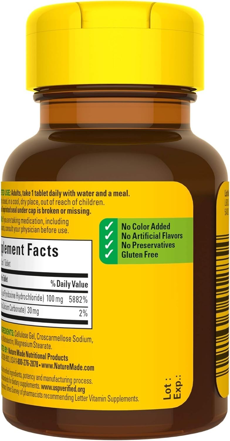 Nature Made B6 100mg supplement bottle with dosage instructions