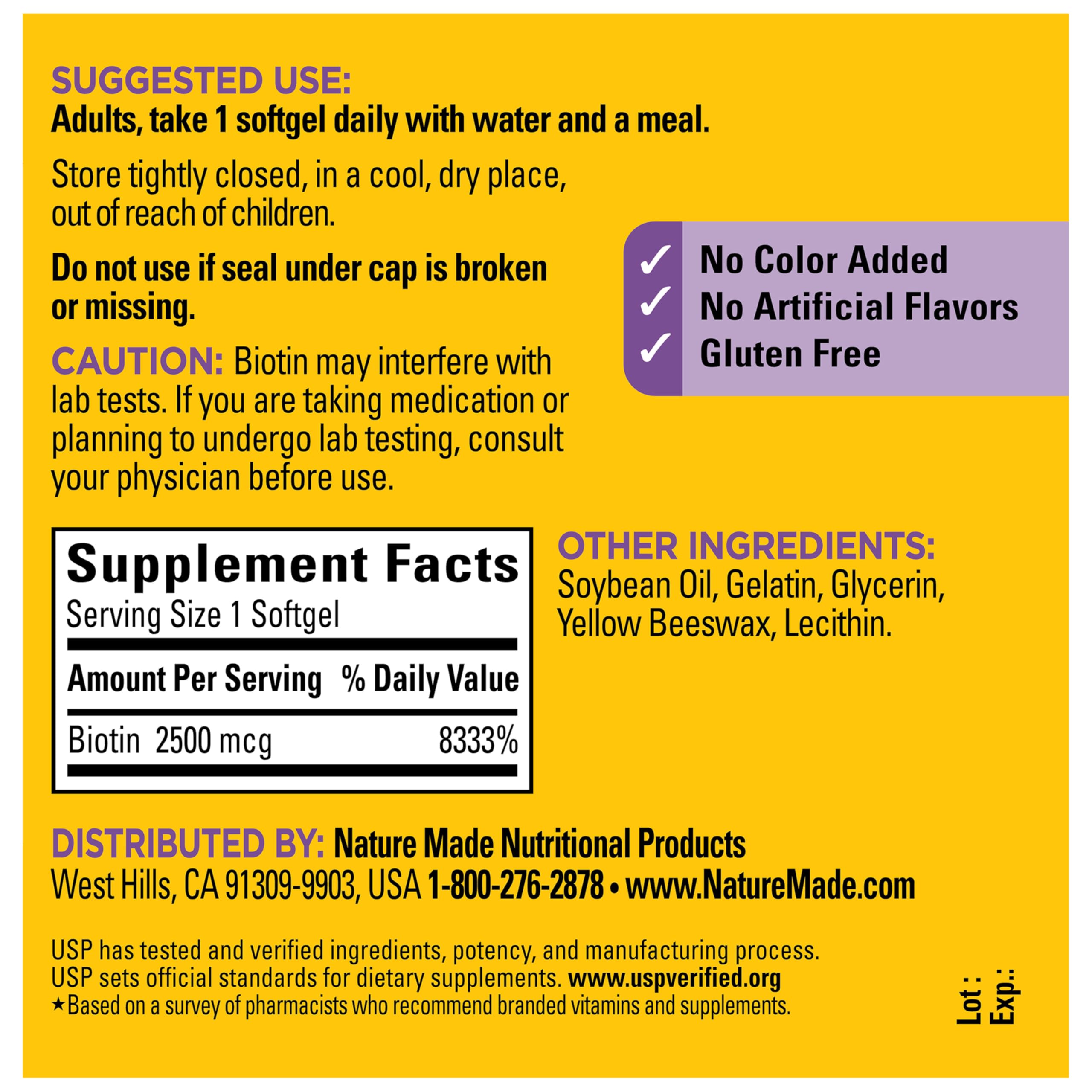 Nature Made Biotin Extra Strength 2500 mcg Softgels ingredients list
