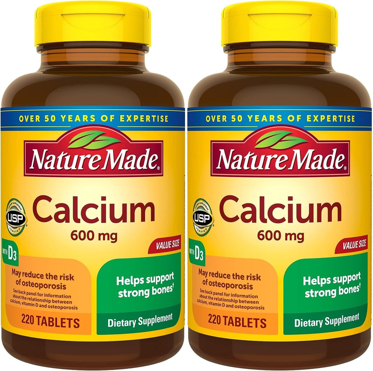 Nature Made Calcium 600 mg with Vitamin D3 Tablets front view, pack of 2
