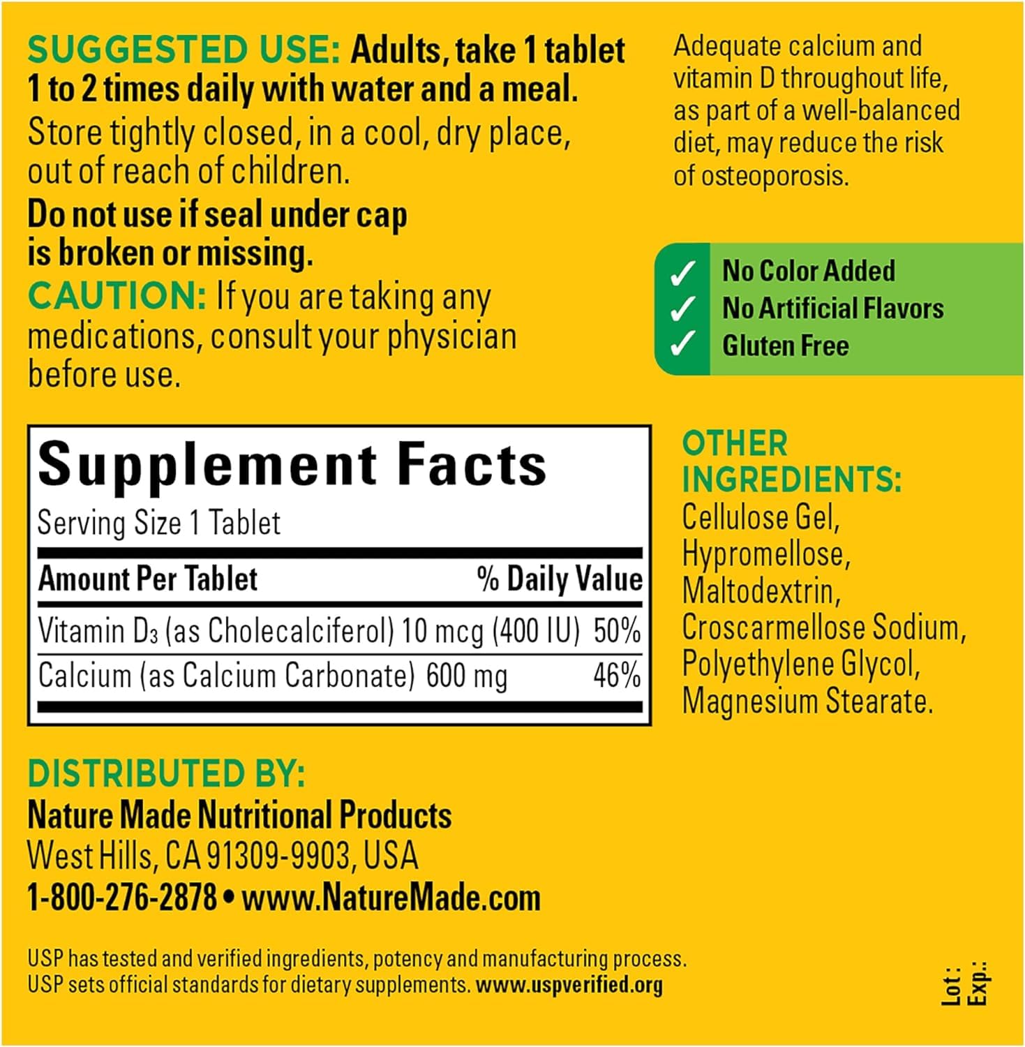 Nature Made Calcium 600 mg with Vitamin D3 Tablets packaging details