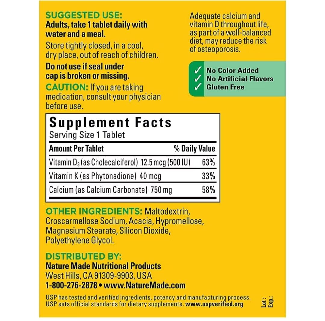 Nature Made Calcium 750 mg Plus D and K 300 tablets close-up of label