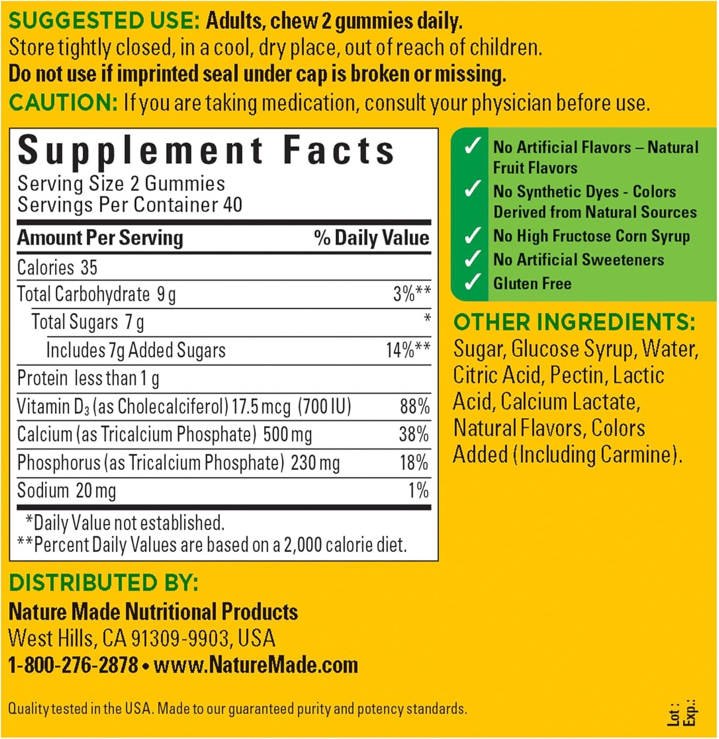 Nature Made Calcium Adult Gummies showing dosage instructions