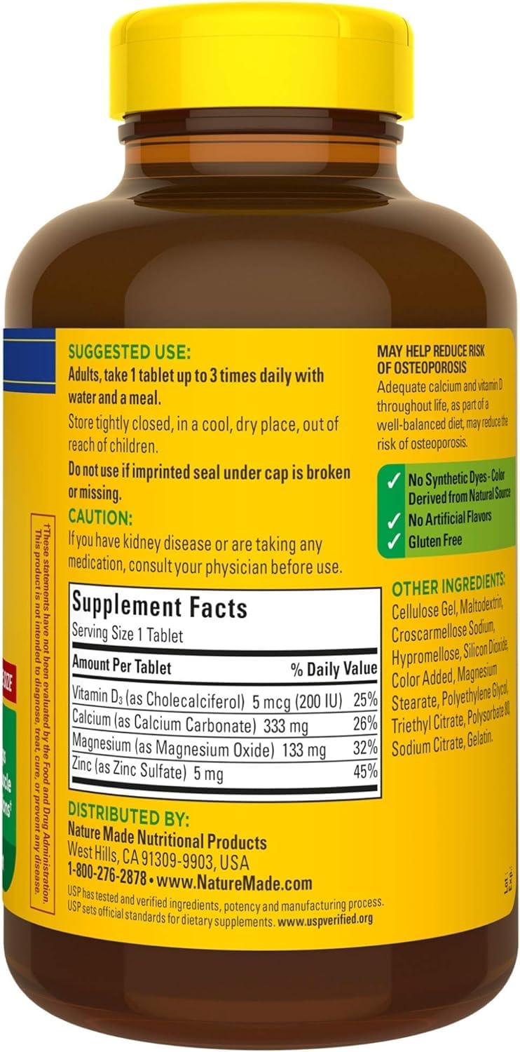 Nature Made Calcium Magnesium Zinc Vitamin D 300 tablets side view