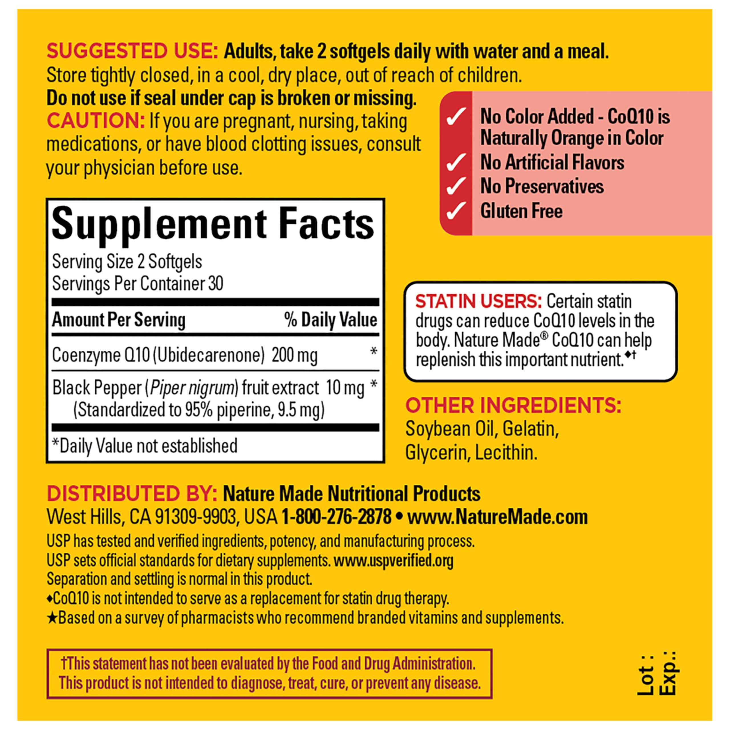 Nature Made CoQ10 200mg Softgels back view of packaging