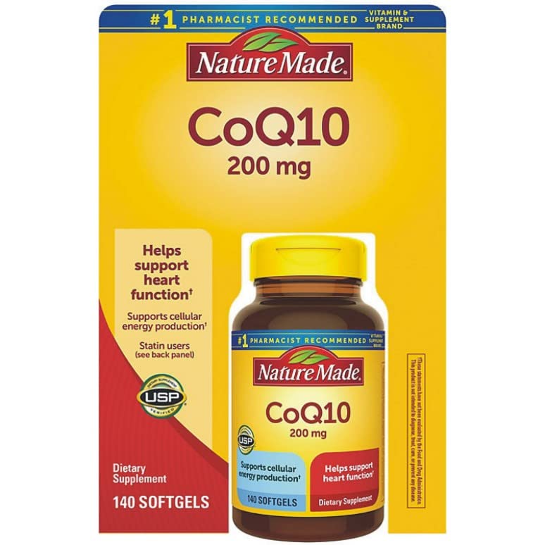 Nature Made CoQ10 softgels in a lifestyle setting with water and meal