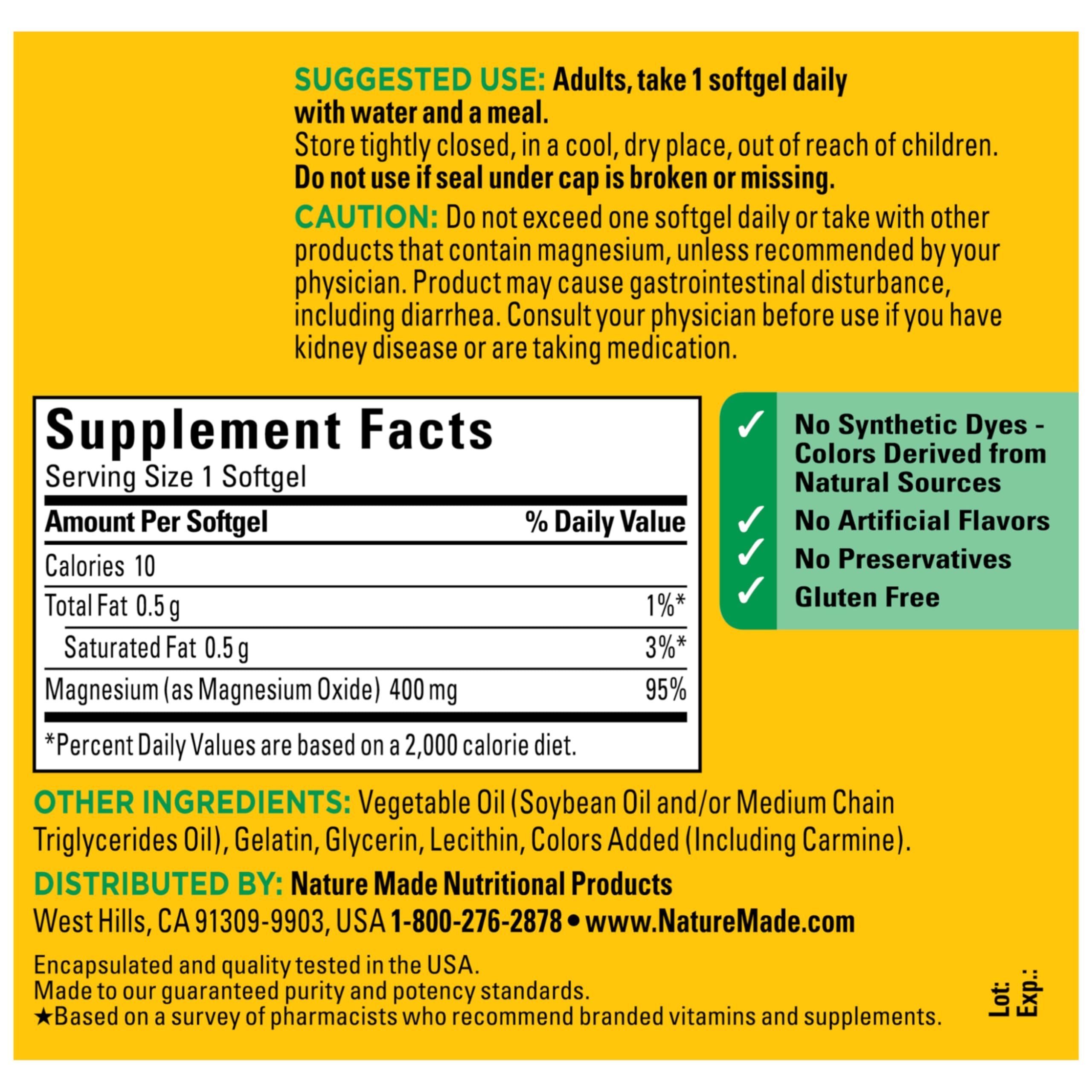 Nature Made Extra Strength Magnesium 400mg Softgels with a glass of water