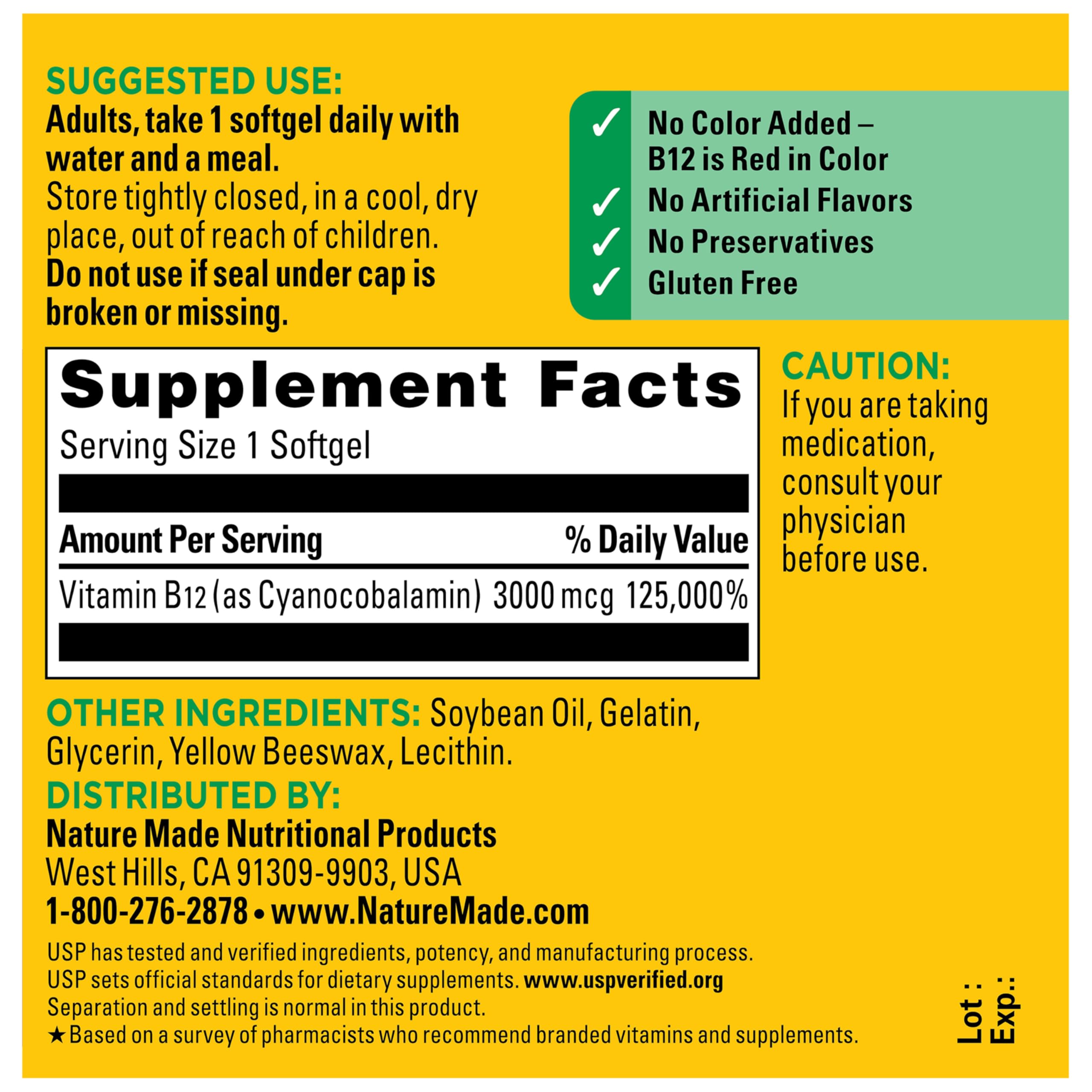 Nature Made Extra Strength Vitamin B12 Softgels 3000 mcg nutritional information