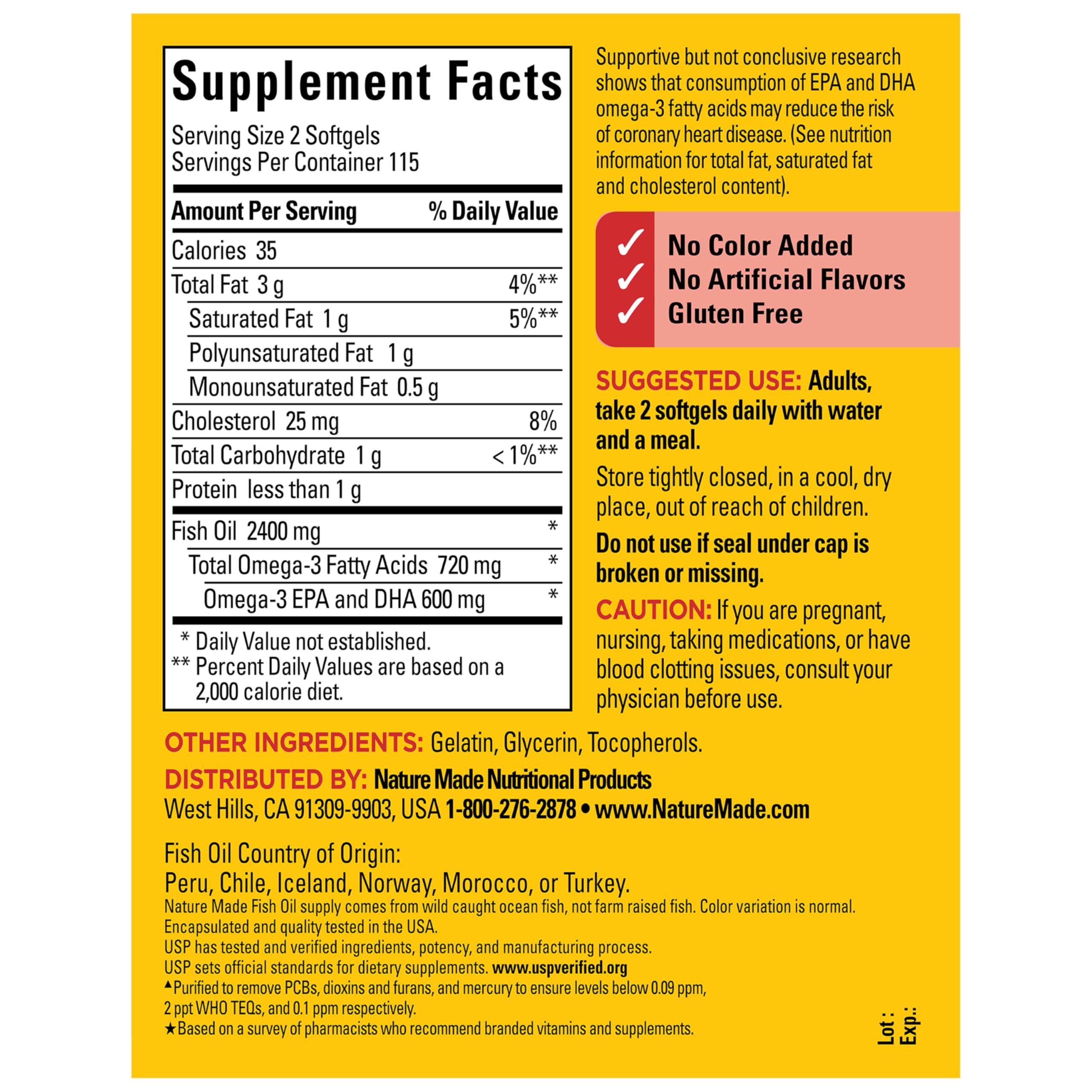 Nature Made Fish Oil 1200 mg Softgels back view of bottle