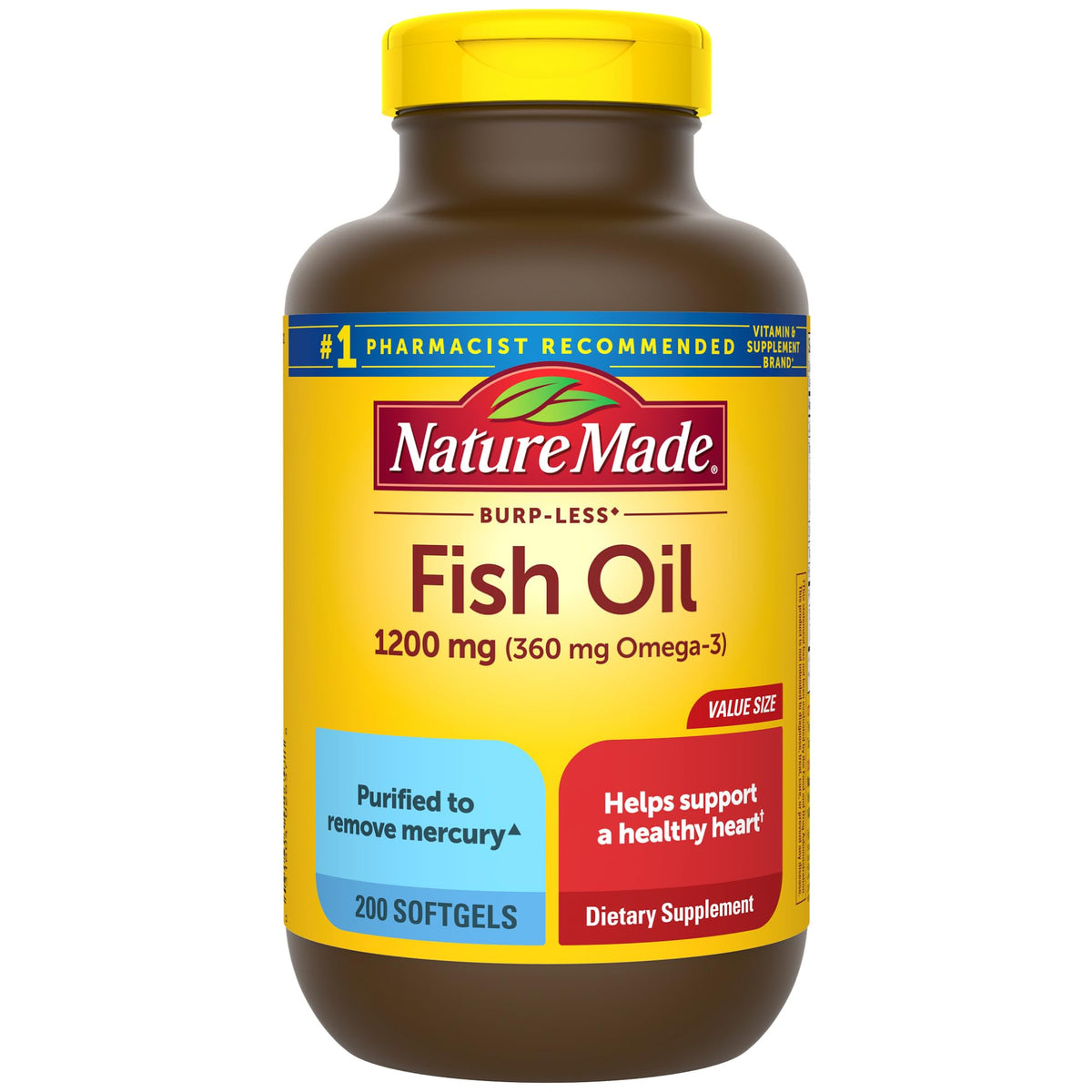 Nature Made Fish Oil 1200 mg Softgels front view, 200 count bottle
