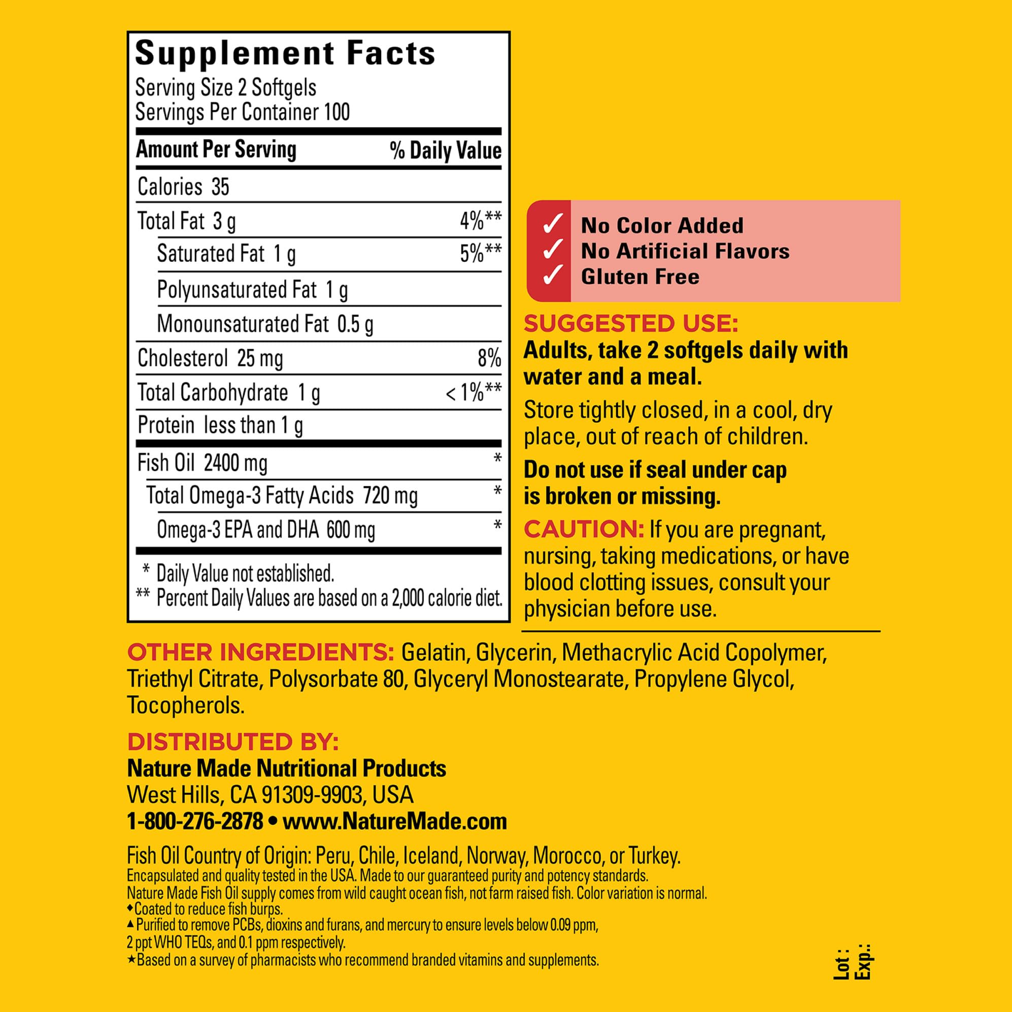 Nature Made Fish Oil 1200 mg Softgels side view, showing softgel size