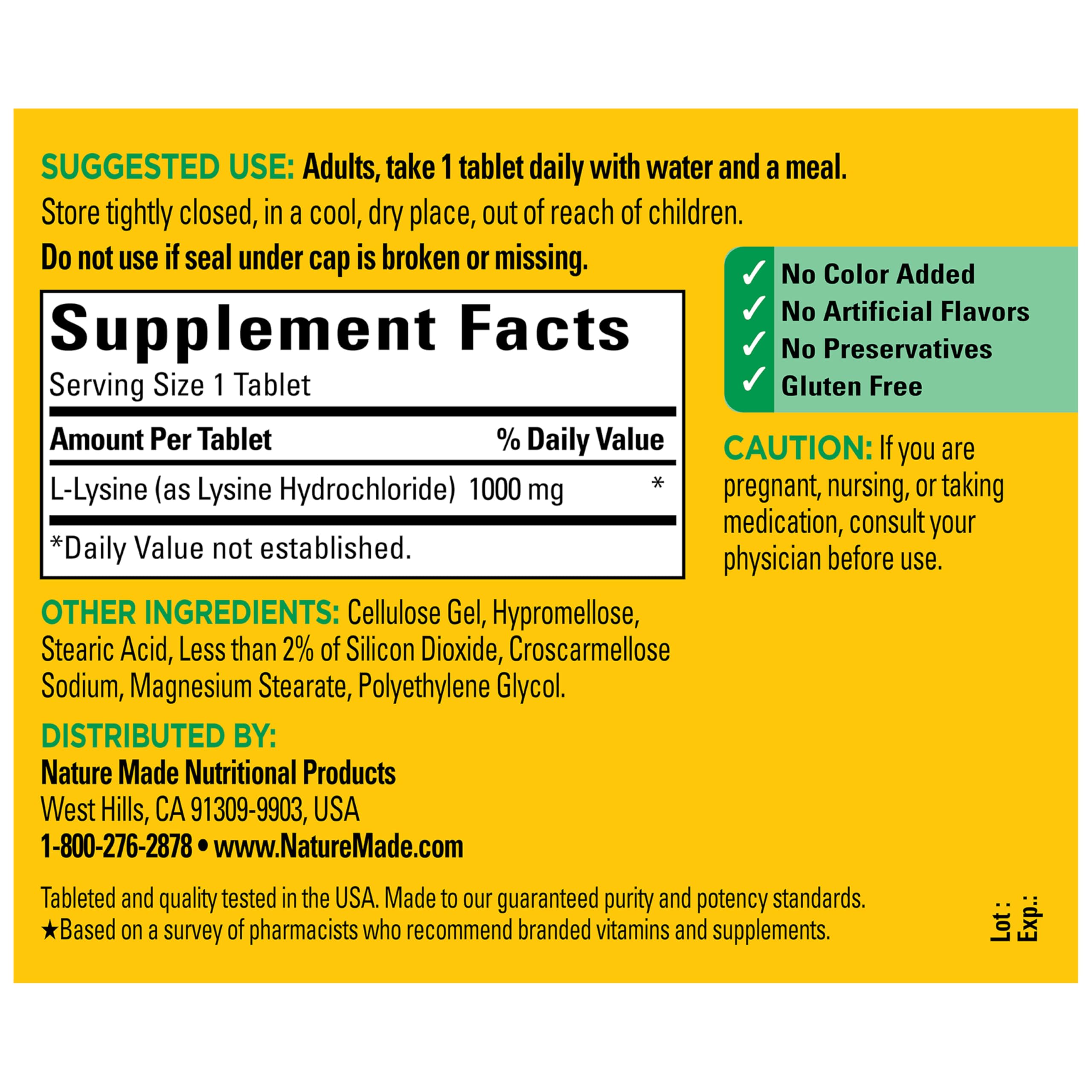 Nature Made L-Lysine 1000mg Tablets with a glass of water