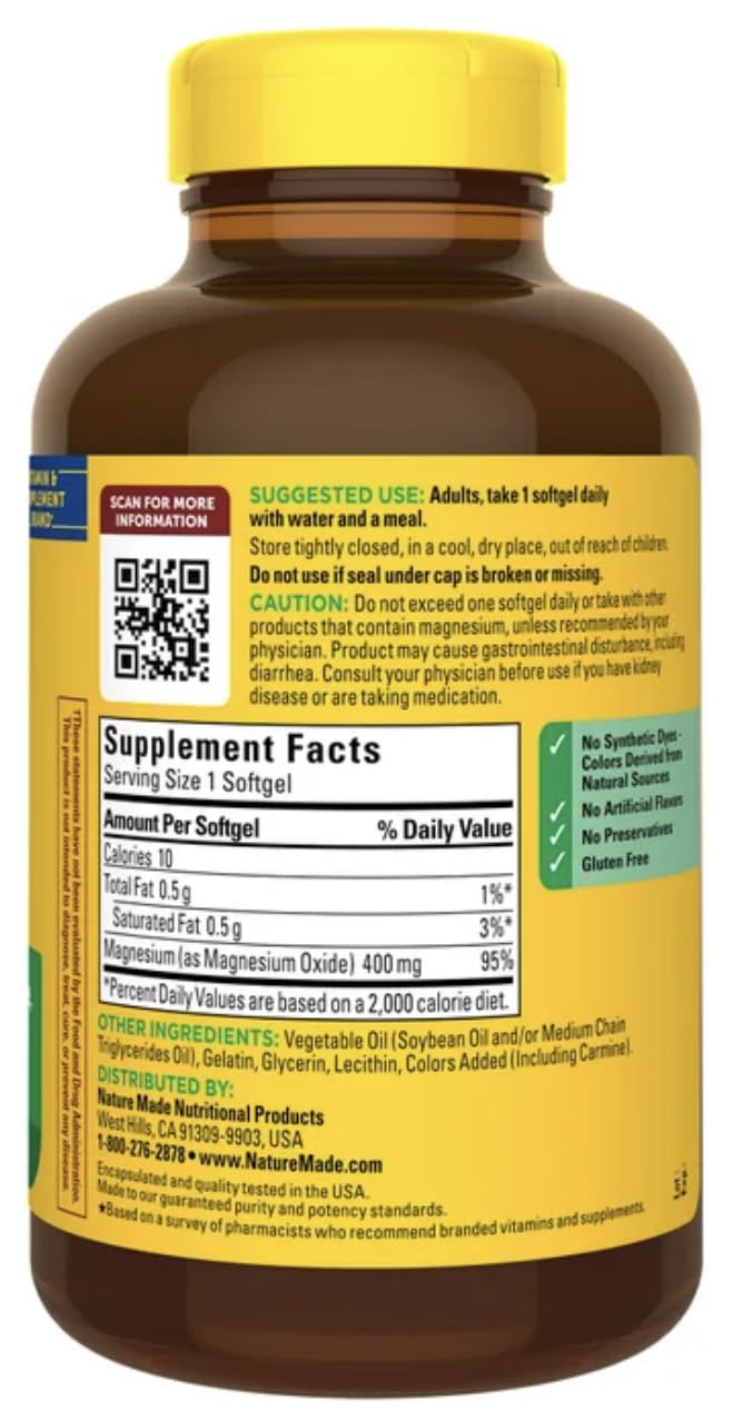 Nature Made Magnesium 400 mg Softgel back view with ingredient details