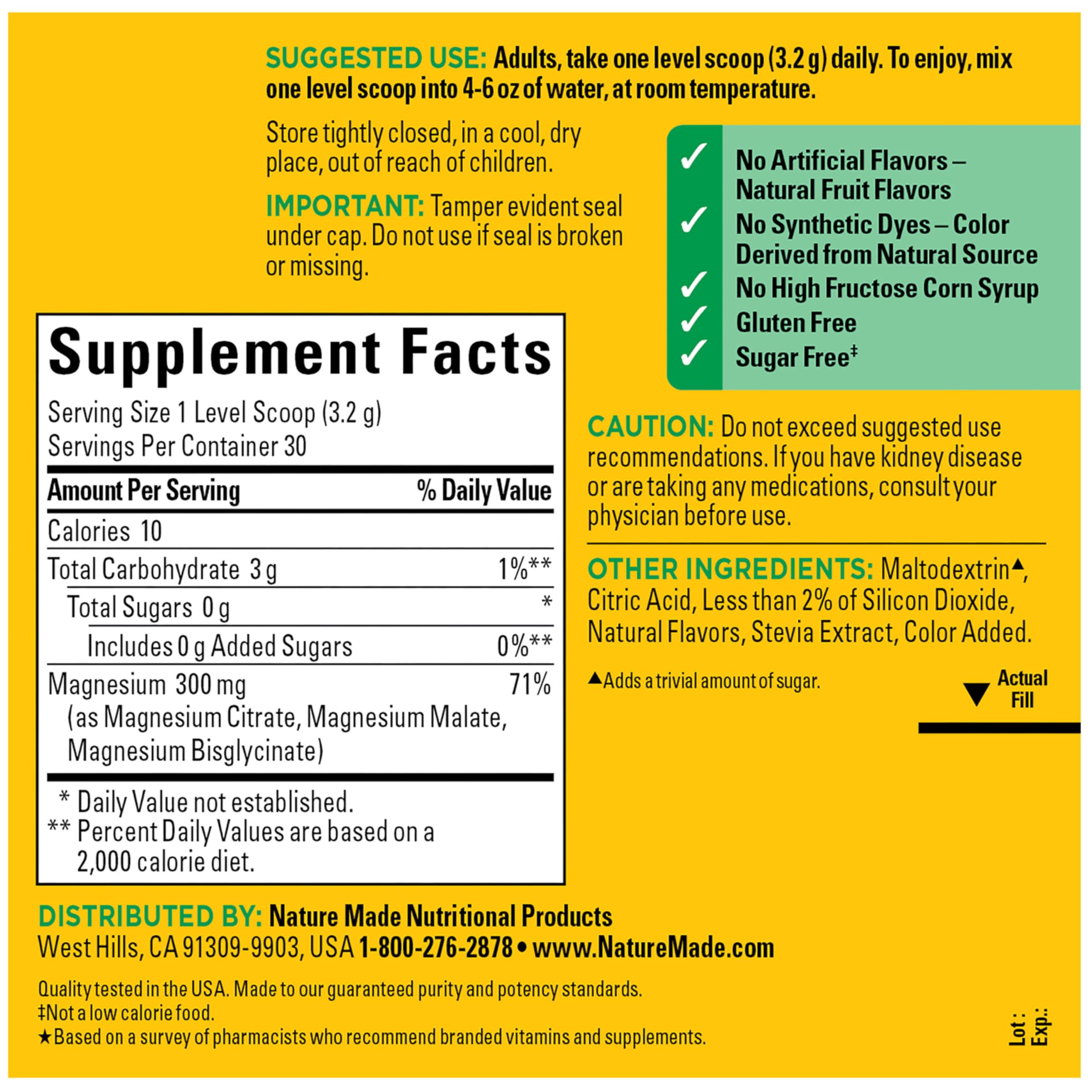 Nature Made Magnesium Complex Powder Drink Mix with water and a spoon
