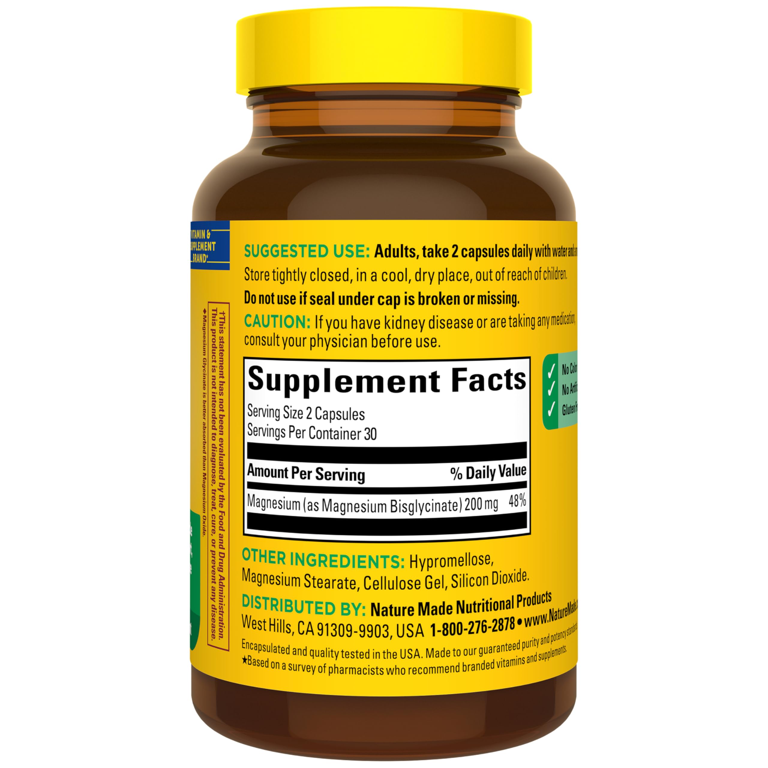 Nature Made Magnesium Glycinate 200mg capsules with water glass