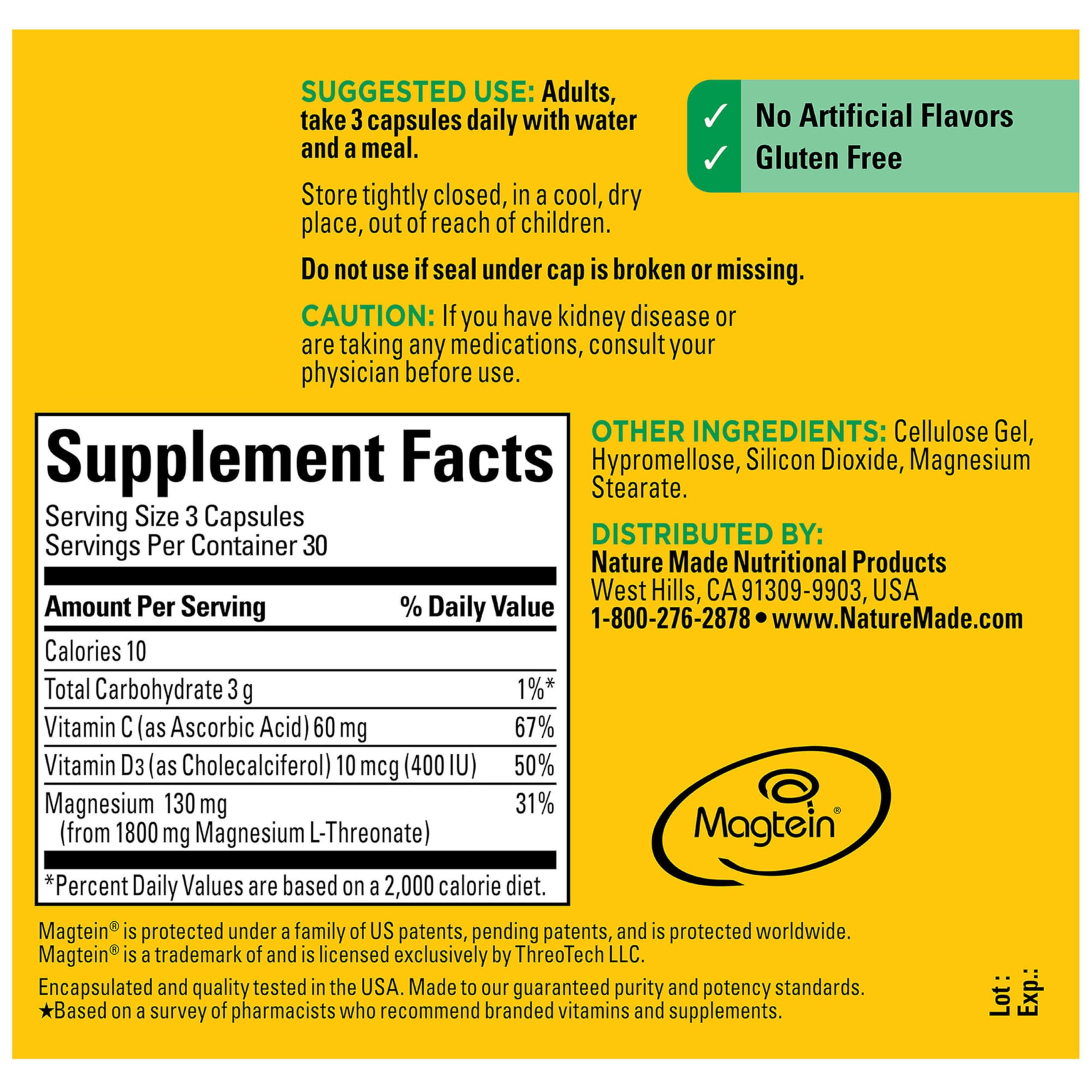 Nature Made Magnesium L-Threonate capsules with a glass of water
