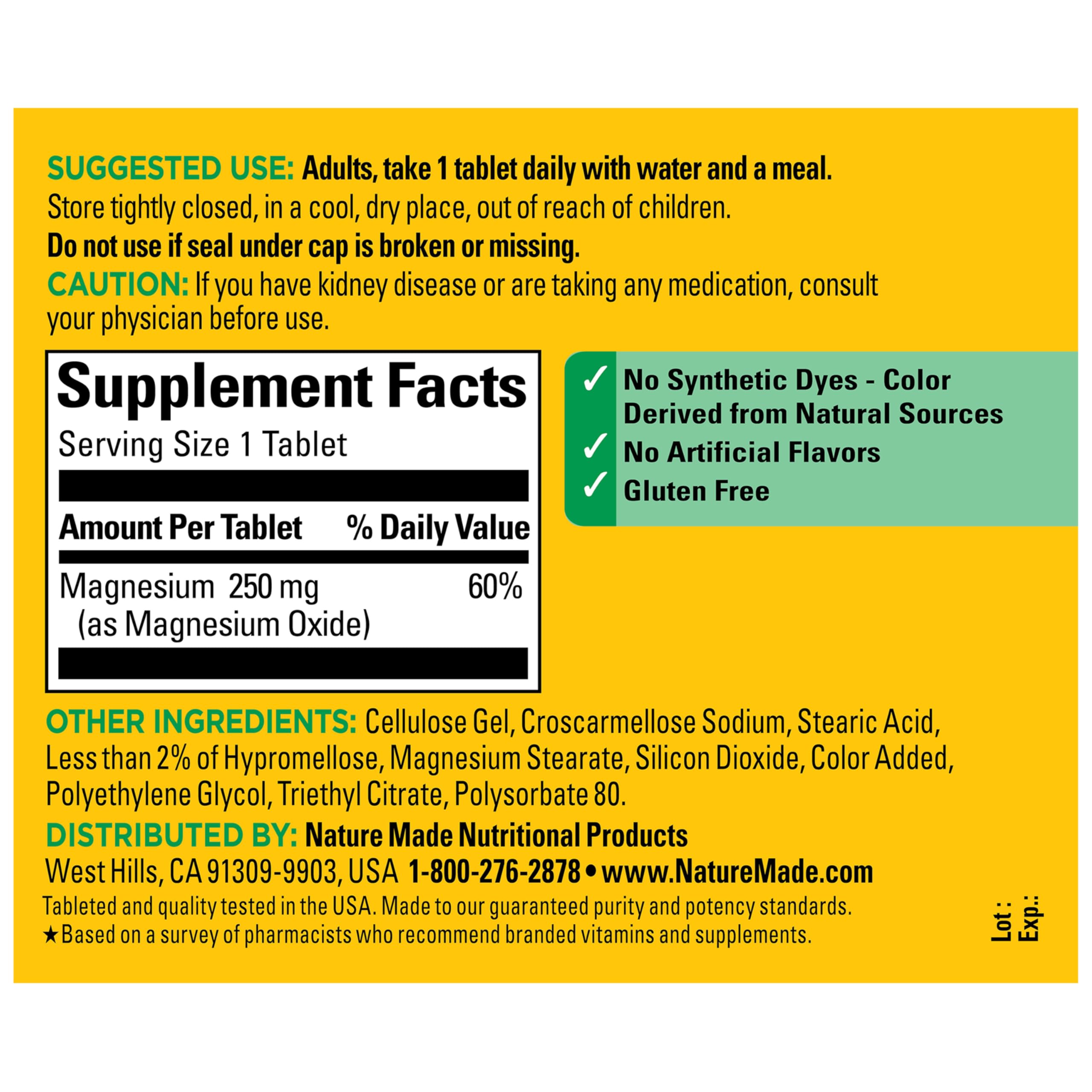Nature Made Magnesium Oxide 250 mg Tablets packaging details
