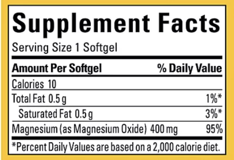 Nature Made Magnesium Softgels 400mg back view showing ingredients