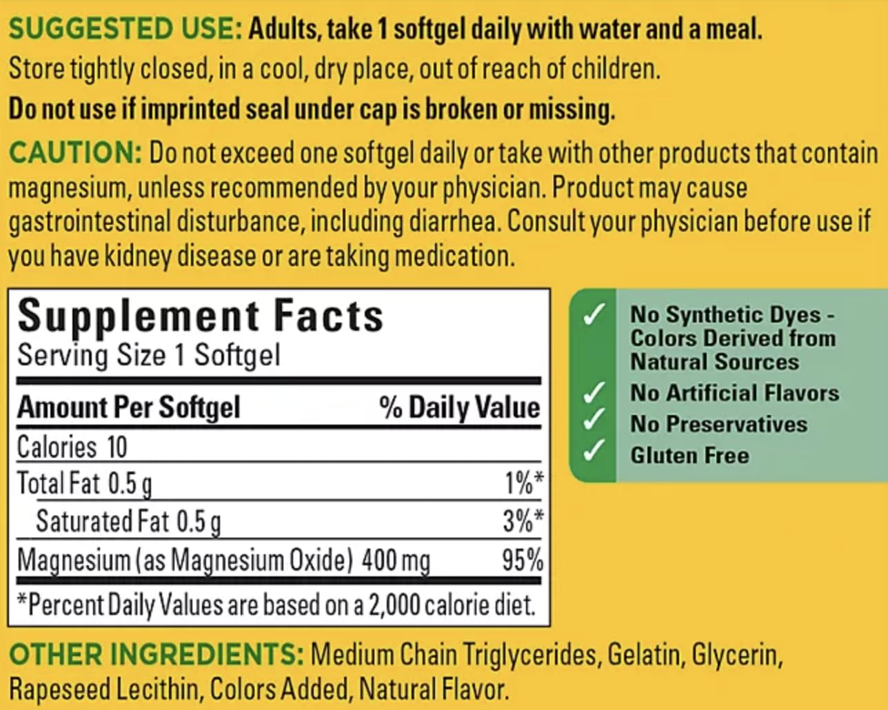 Nature Made Magnesium Softgels 400mg packaging with softgels inside