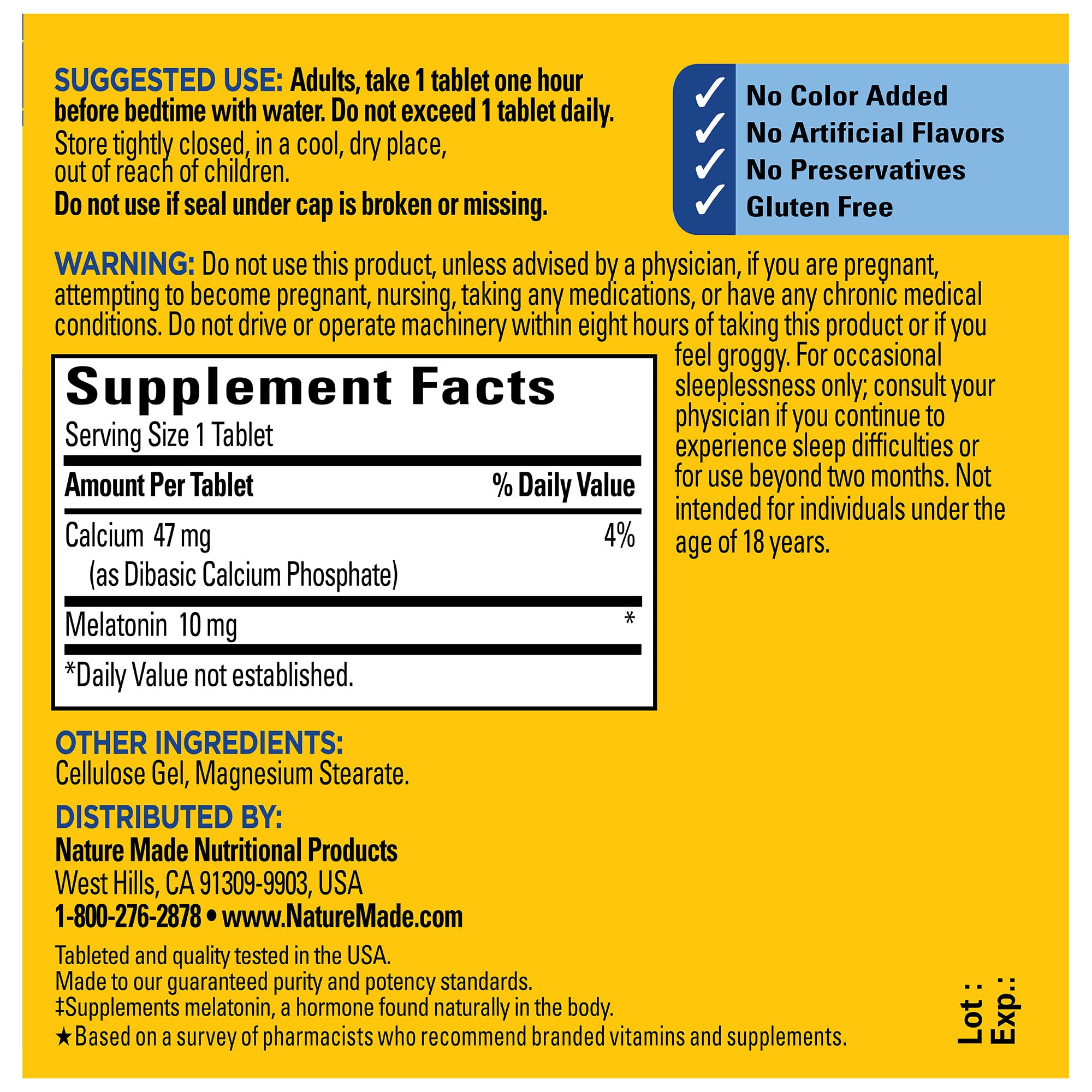 Nature Made Melatonin 10 mg Extra Strength Tablets ingredients list