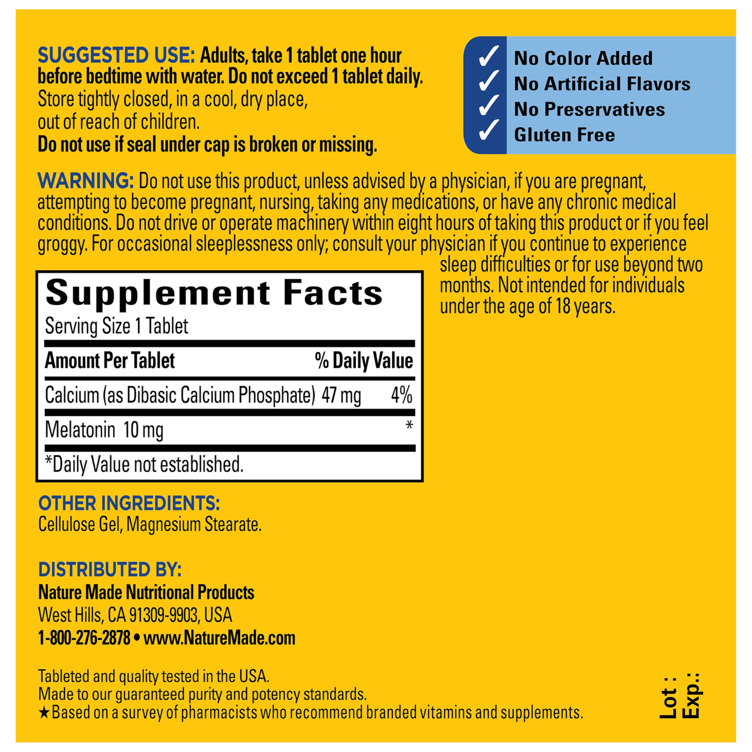 Nature Made Melatonin 10mg Maximum Strength Tablets back view