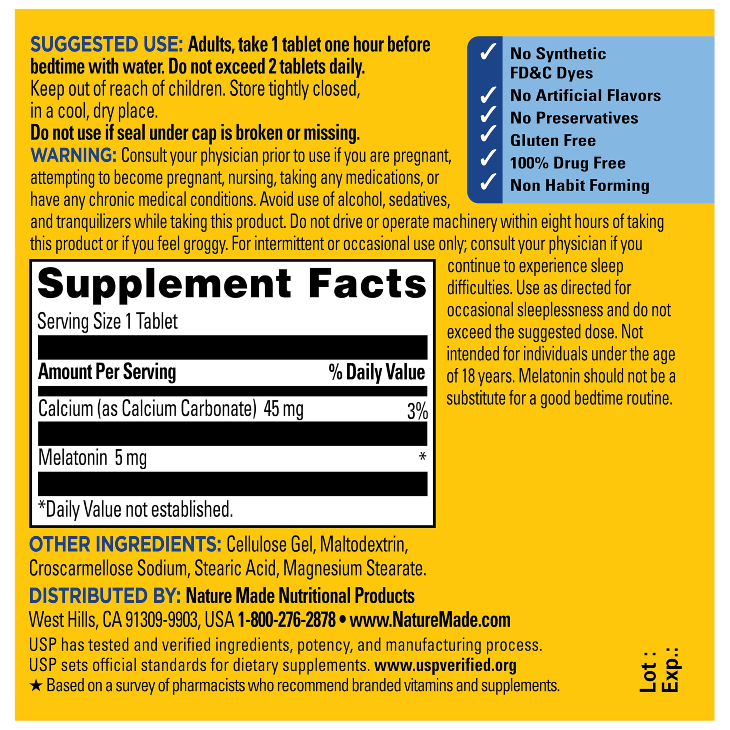 Nature Made Melatonin 5mg Extra Strength Tablets on a nightstand