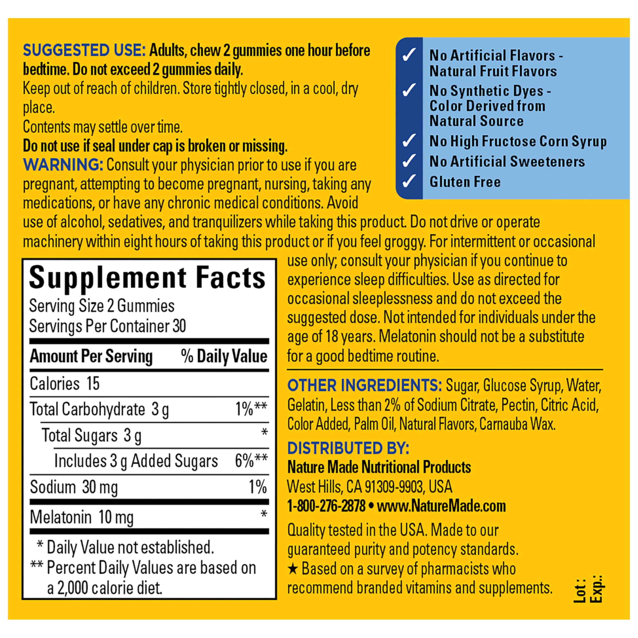 Nature Made Melatonin Gummies 10mg Time Release ingredients list