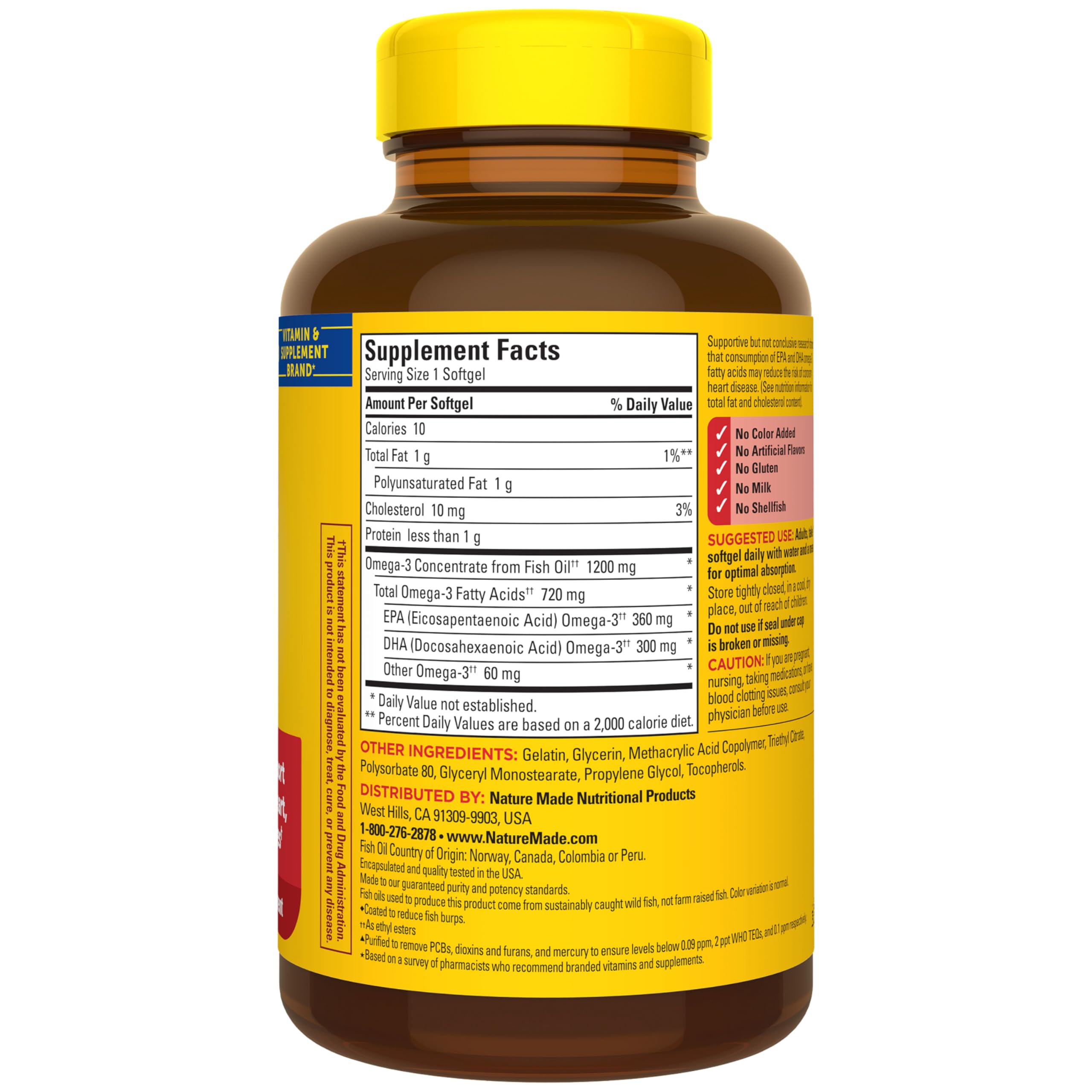 Nature Made Omega 3 Fish Oil 1200 mg Softgels back view with ingredients