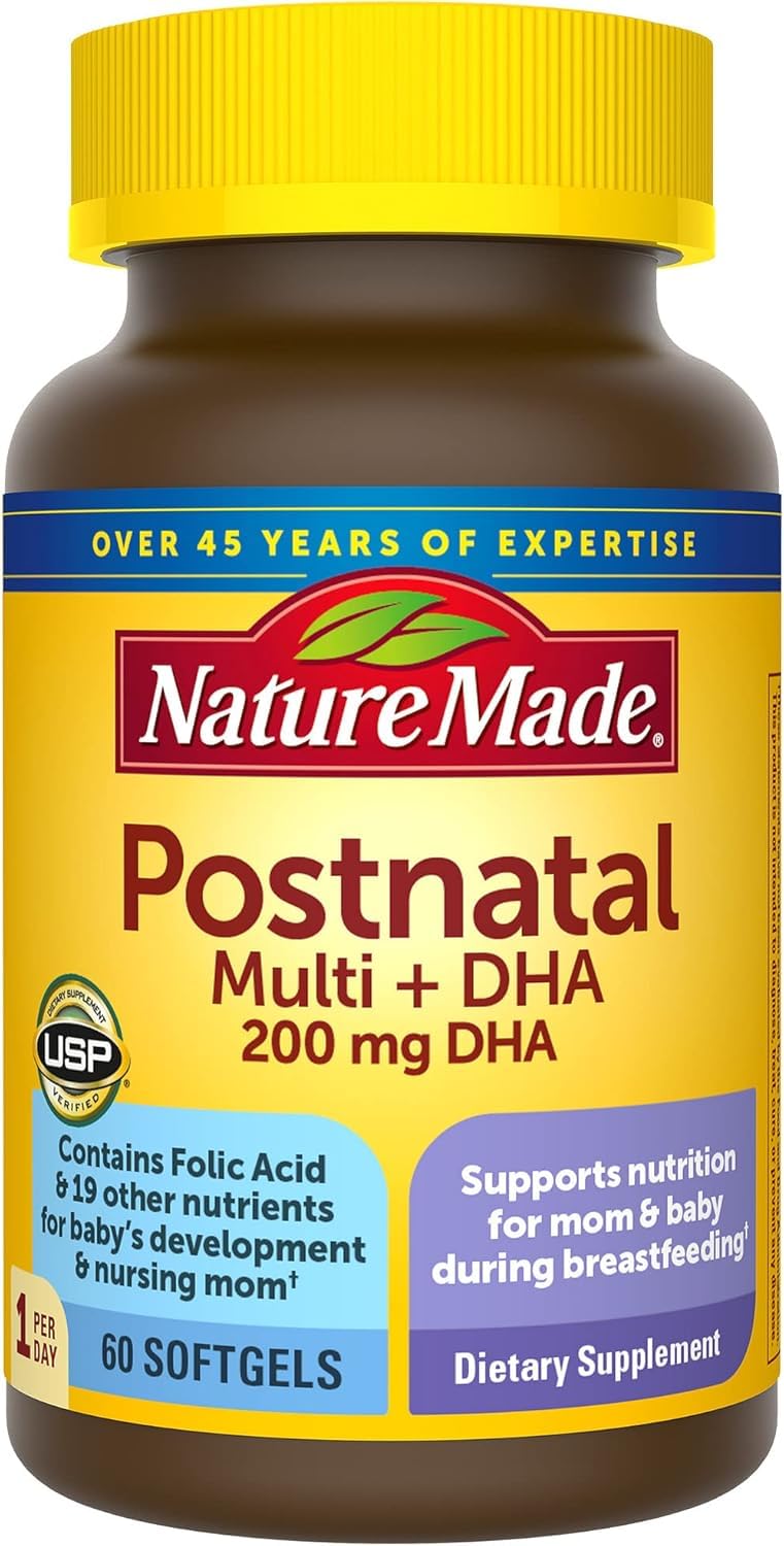 Nature Made Postnatal Multivitamin + DHA softgel bottle front view