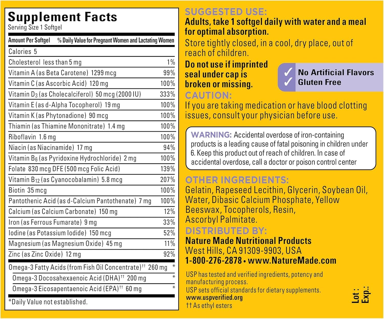 Nature Made Postnatal Multivitamin + DHA softgel with measuring spoon