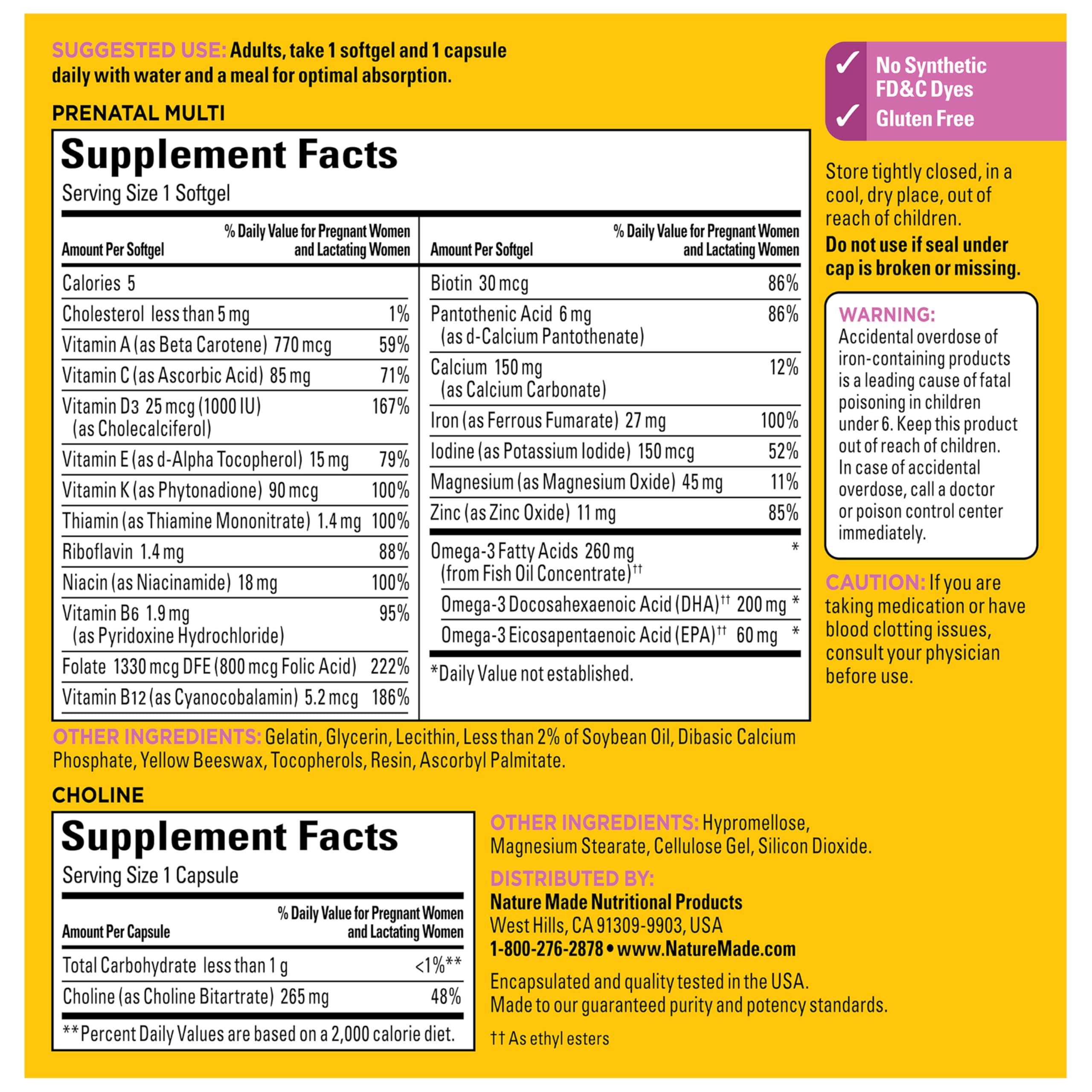Nature Made Prenatal Vitamins with DHA and Choline with a glass of water