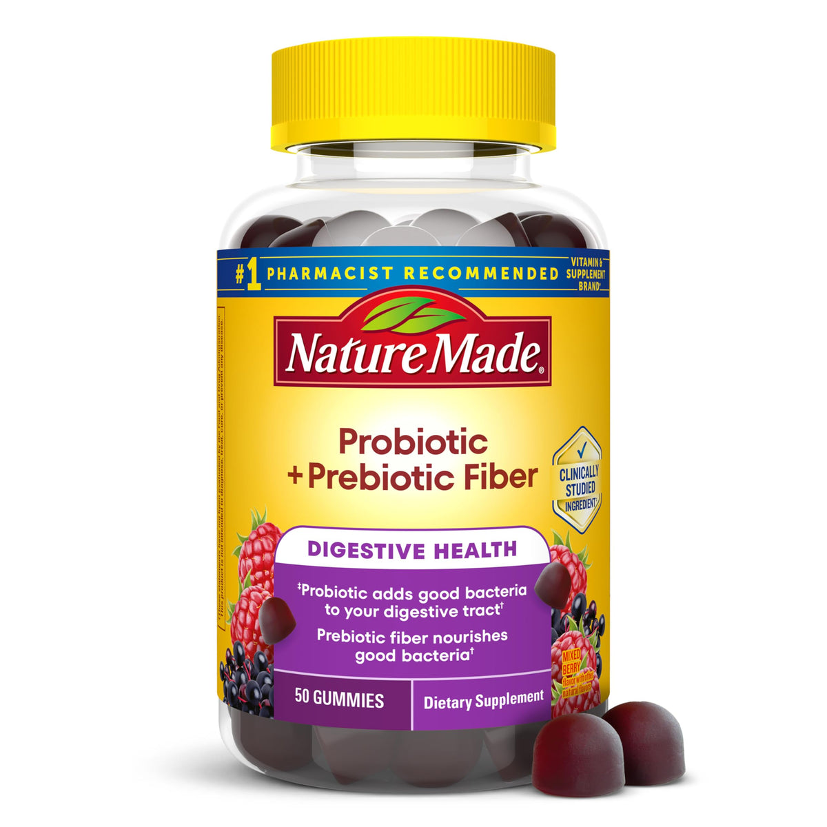 Nature Made Probiotic + Prebiotic Fiber Gummies 50 count bottle front view