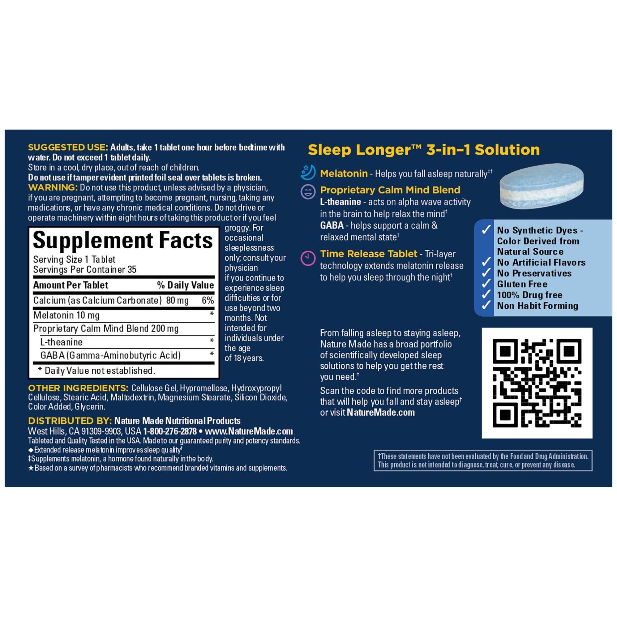 Nature Made Sleep Longer™ Melatonin 10mg tablet back view with ingredient list