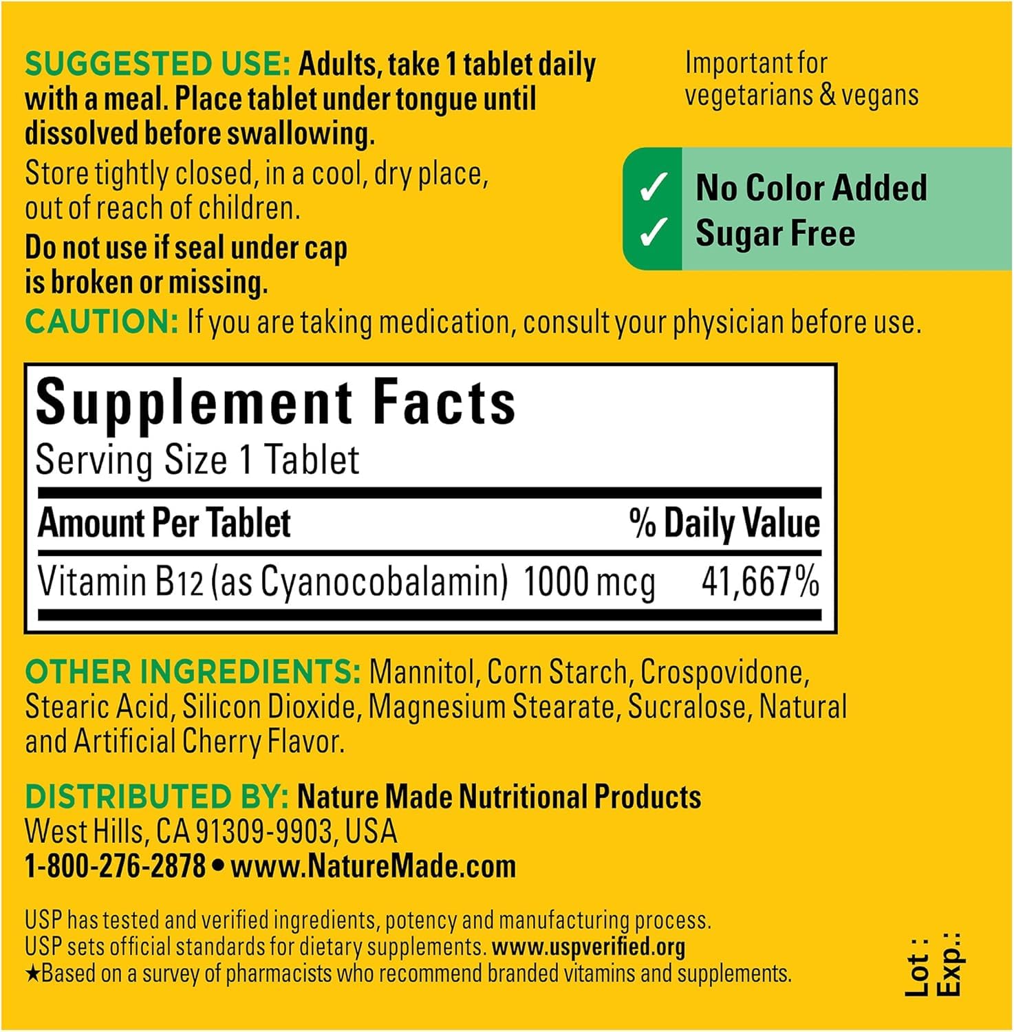 Nature Made Sublingual Vitamin B12 Micro-Lozenges 1000 mcg back of the bottle