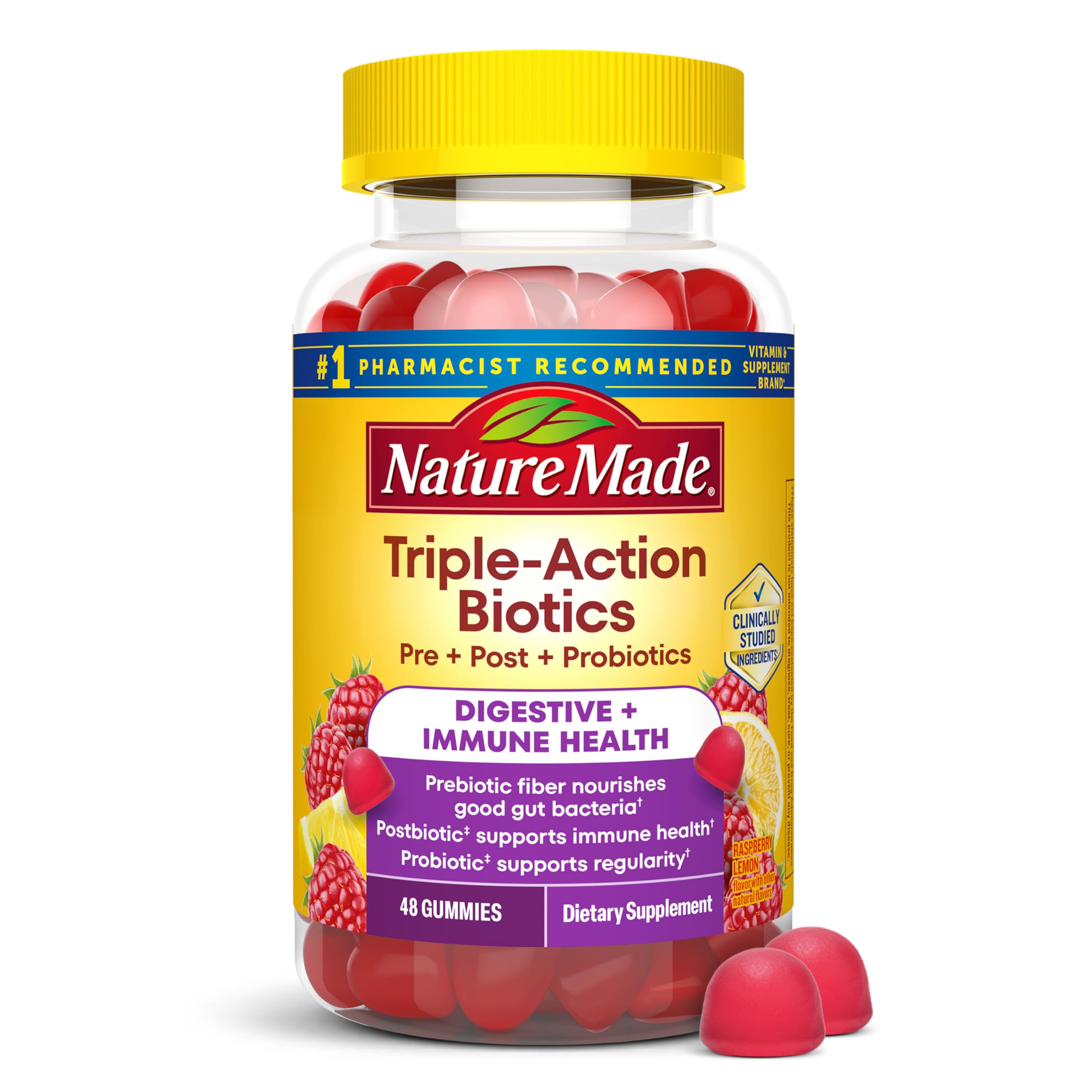 Nature Made Triple-Action Biotics 48 count gummy bottle front view