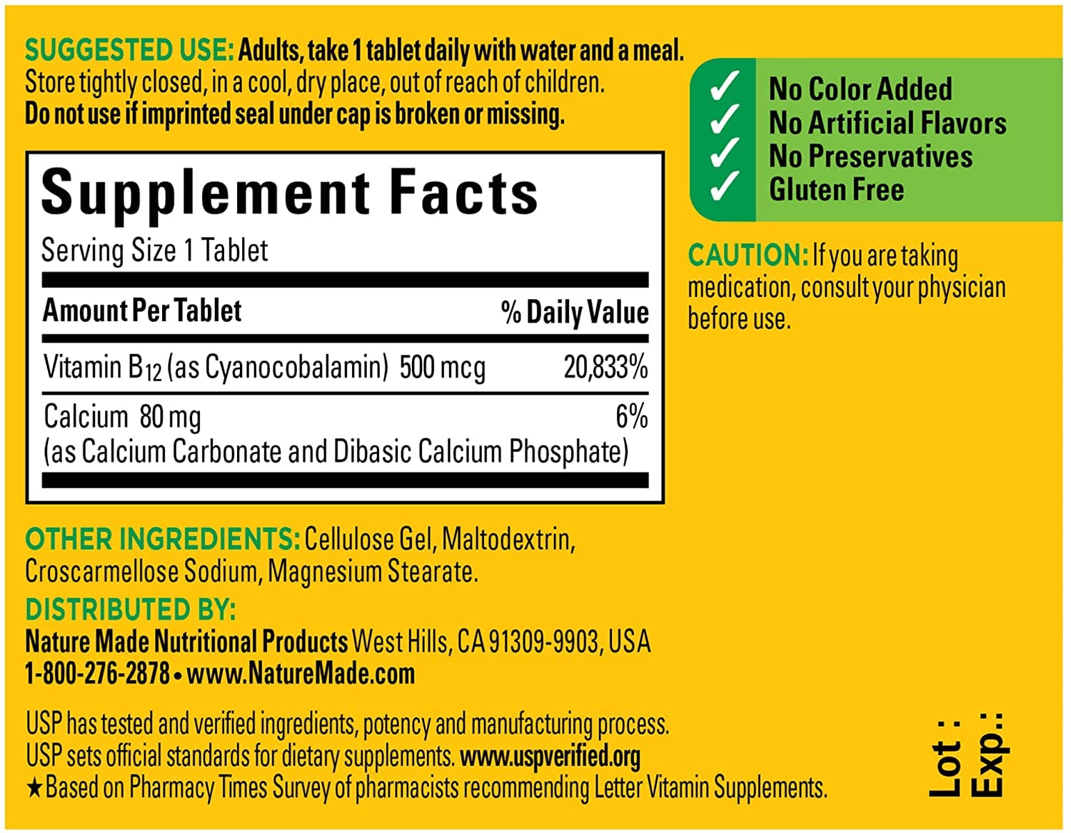 Nature Made Vitamin B12 500 mcg Tablets on a kitchen counter