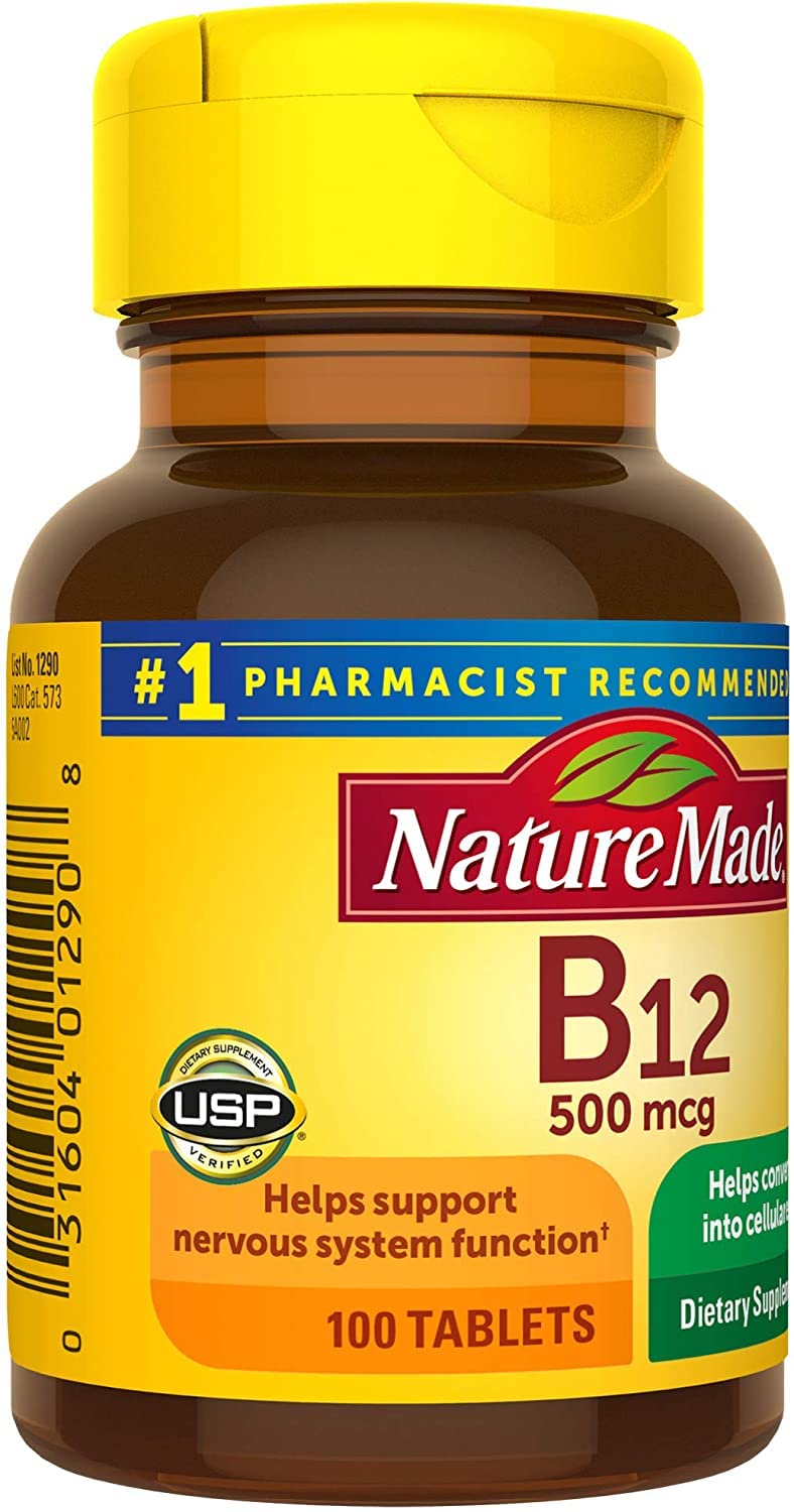 Nature Made Vitamin B12 500 mcg Tablets side view showing tablet count