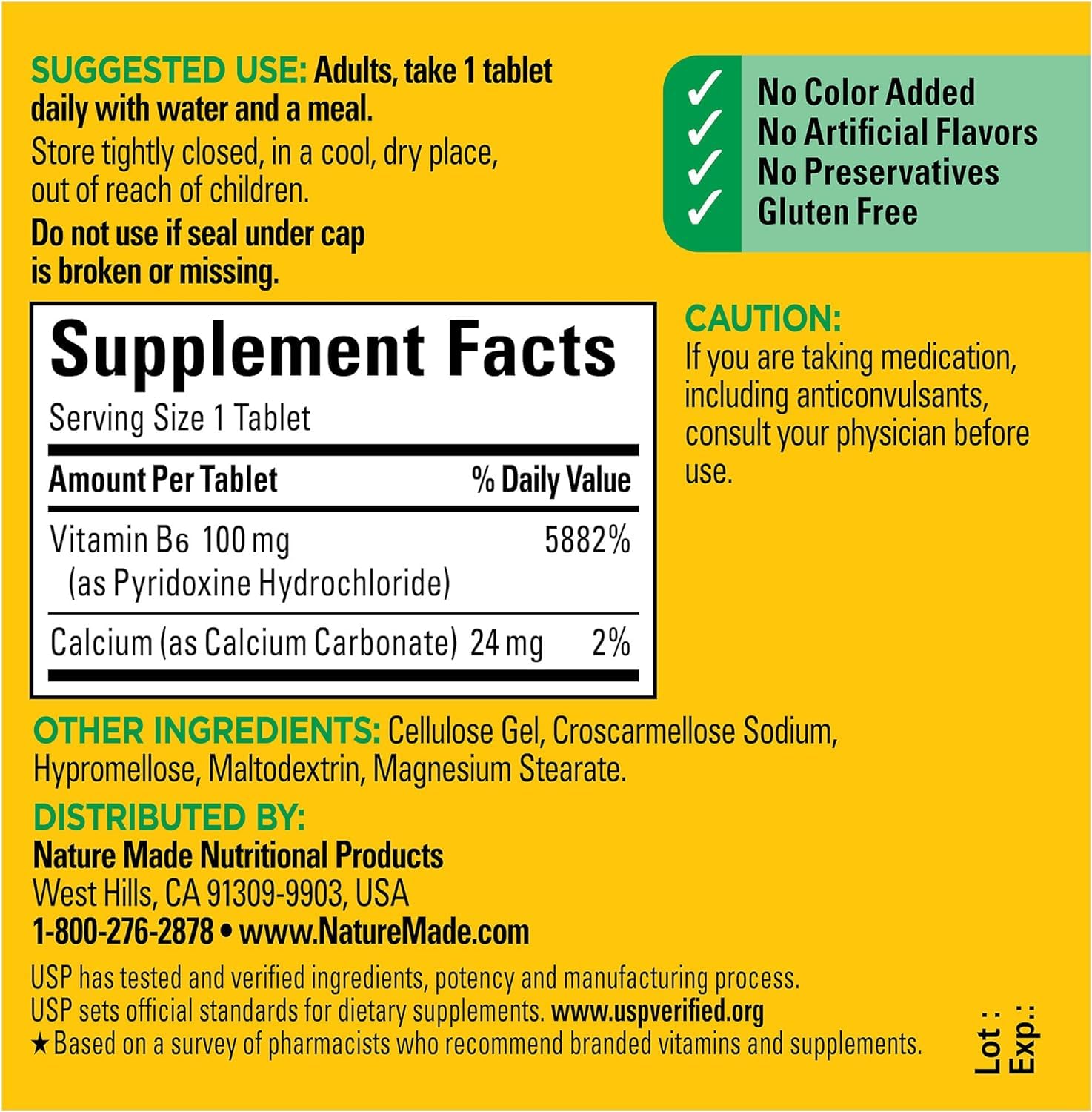 Nature Made Vitamin B6 Pyridoxal Phosphate supplement back view