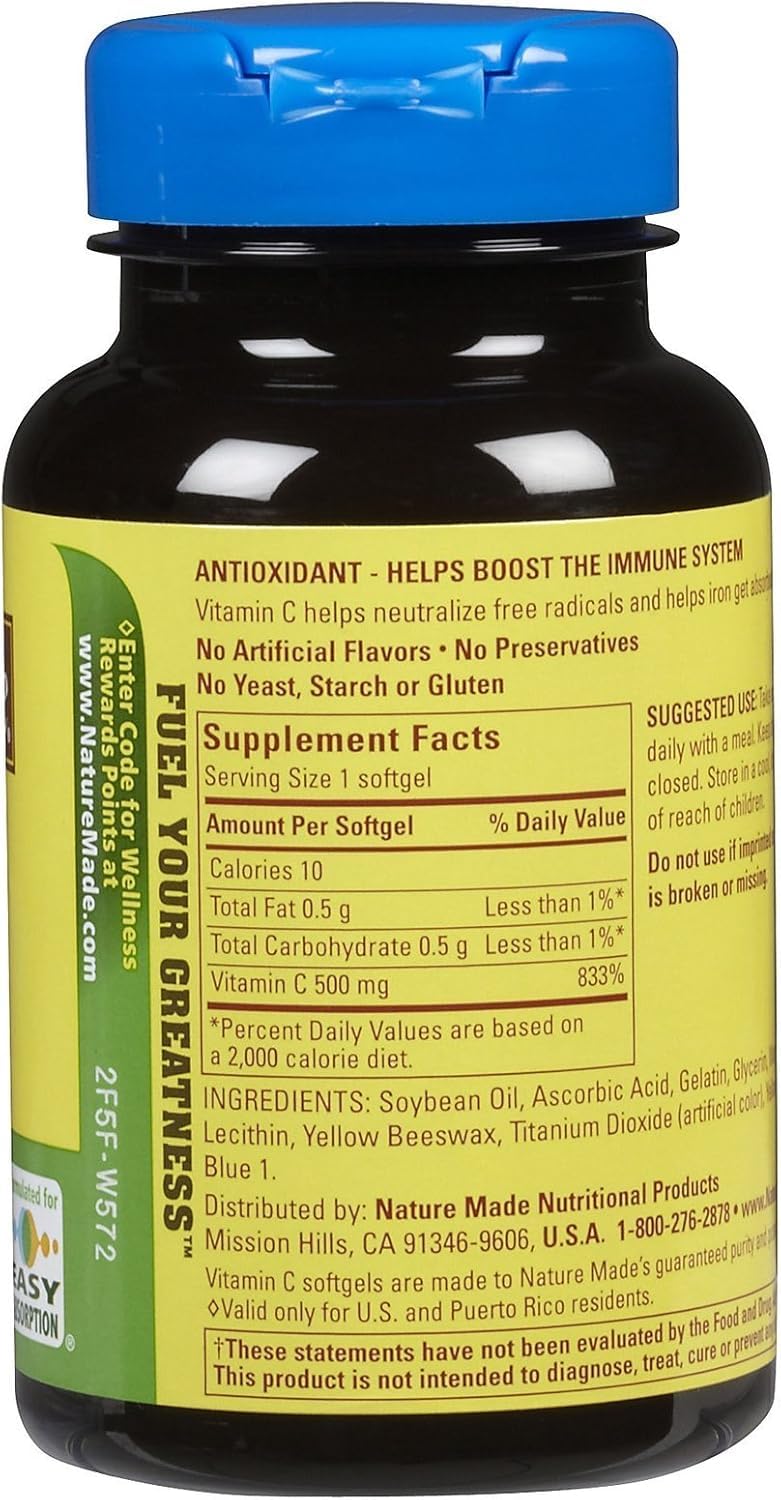 Nature Made Vitamin C 500mg Softgels back view showing ingredients