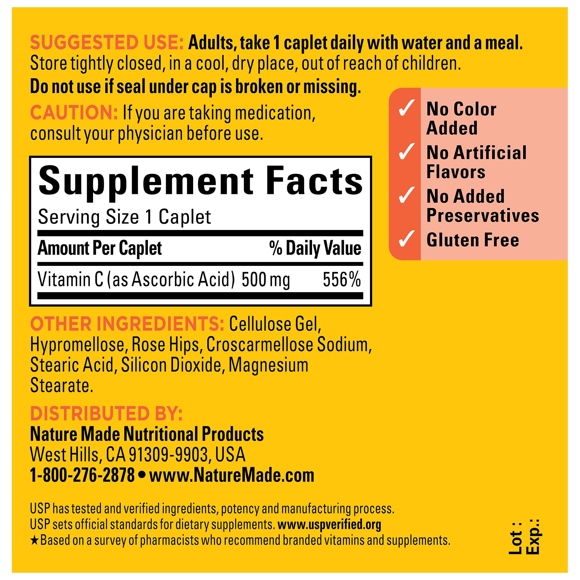 Nature Made Vitamin C with Rose Hips 500 mg caplets on a table